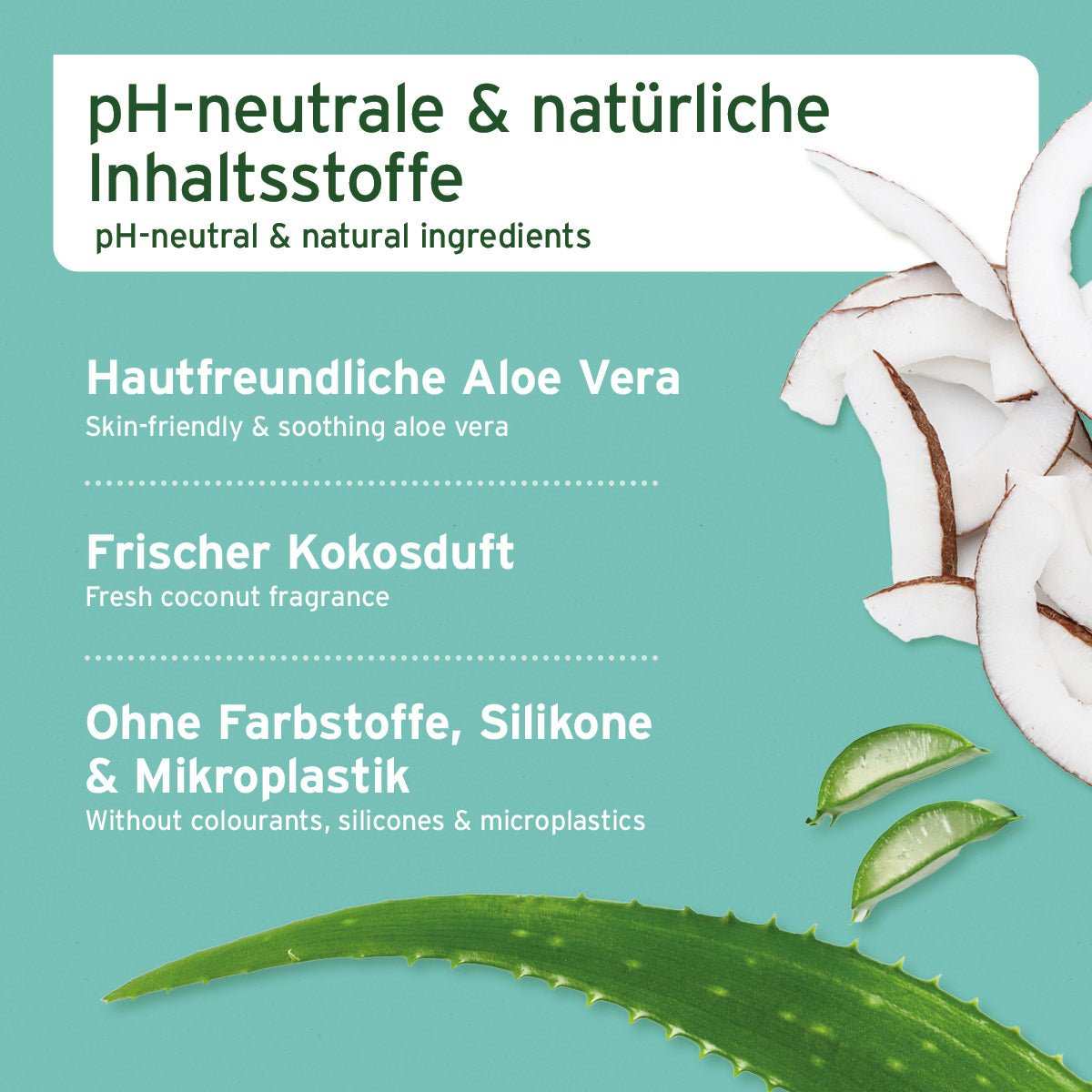 pH-neutrale Inhaltsstoffe, hautfreundliche Aloe Vera, frischer Kokosduft, ohne Farbstoffe, Silikone & Mikroplastik, AniForte Fellharmonie Conditioner für Hunde.