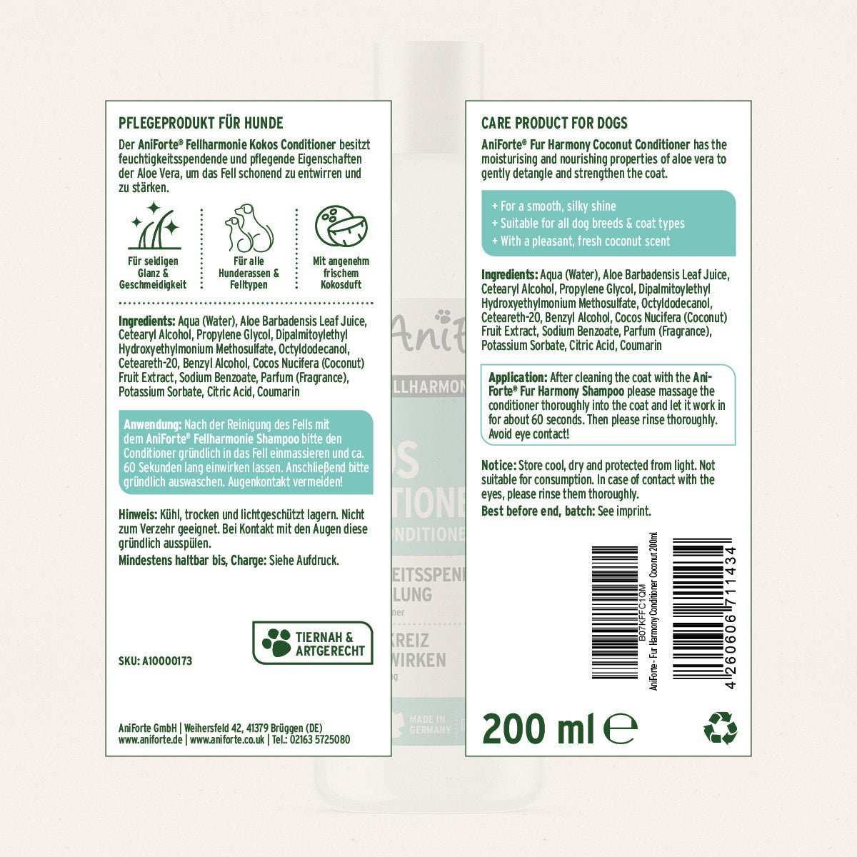 Etikett AniForte Fellharmonie Conditioner Kokos für Hunde, pflegende Spülung mit Kokosöl und Aloe Vera, natürliche Inhaltsstoffe, geeignet für Kurz- und Langhaar, 200 ml.