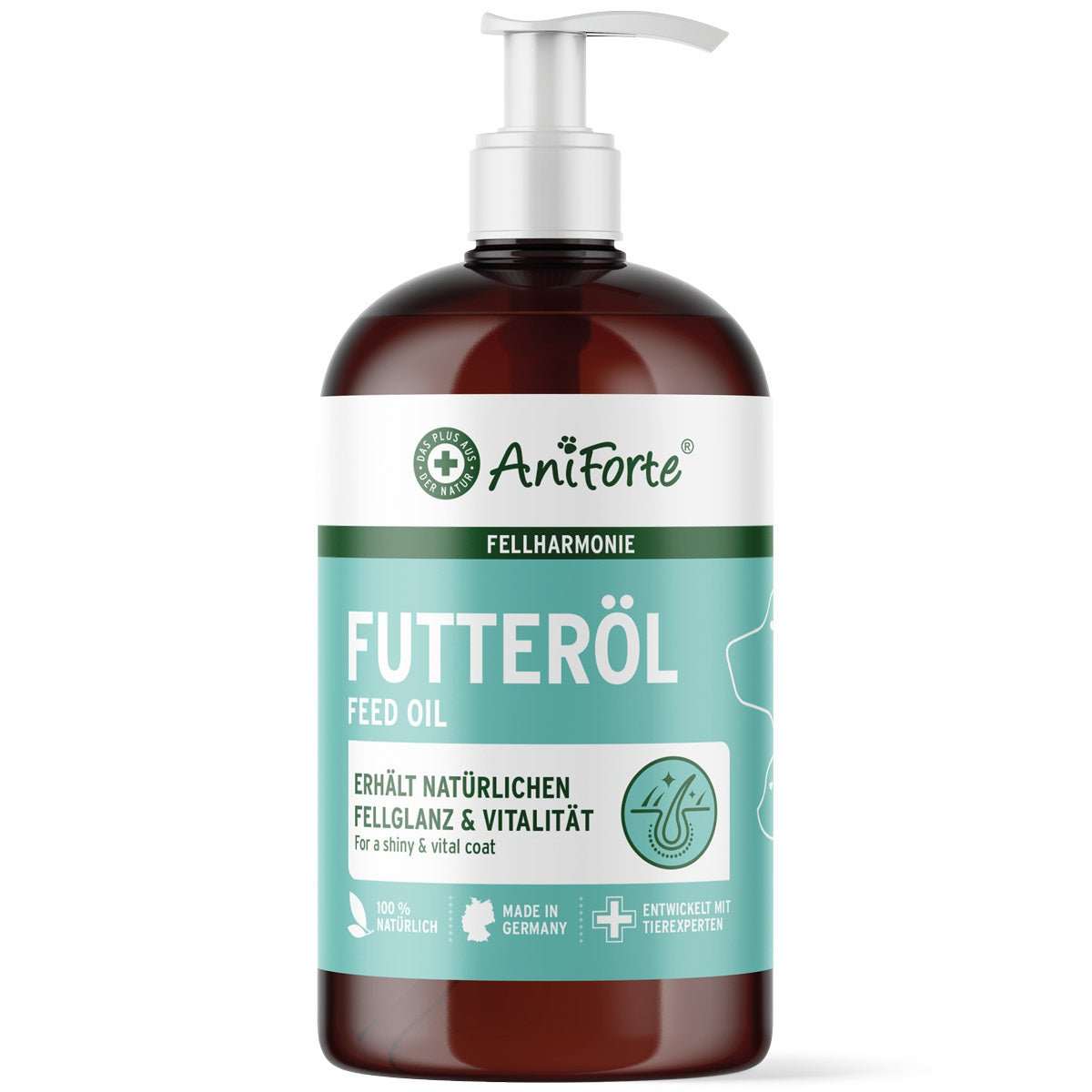 Flasche AniForte Fellharmonie Futteröl für seidig glänzendes Fell, reich an Omega-3 und Omega-6 Fettsäuren.