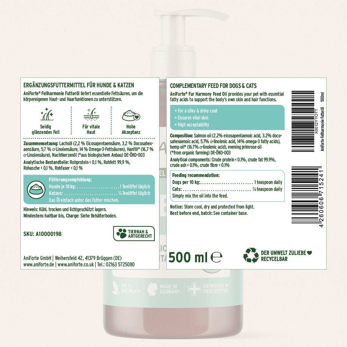 Produktetikett und Flasche Fellharmonie Futteröl.