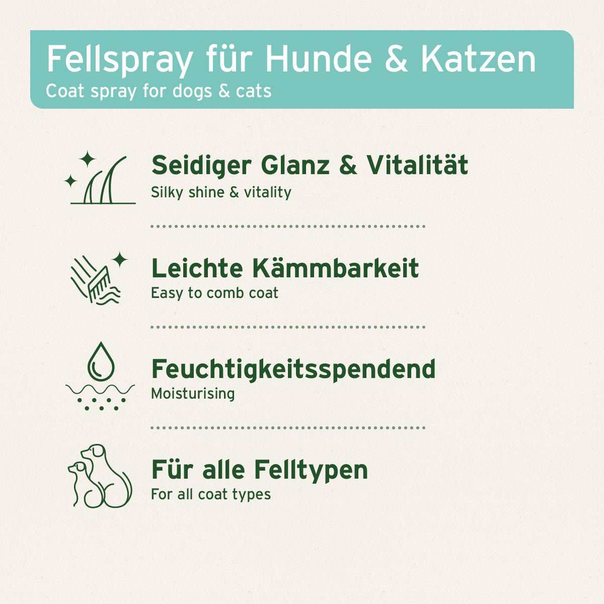 Informationsgrafik zu den Vorteilen des Fellharmonie Pflegespray.