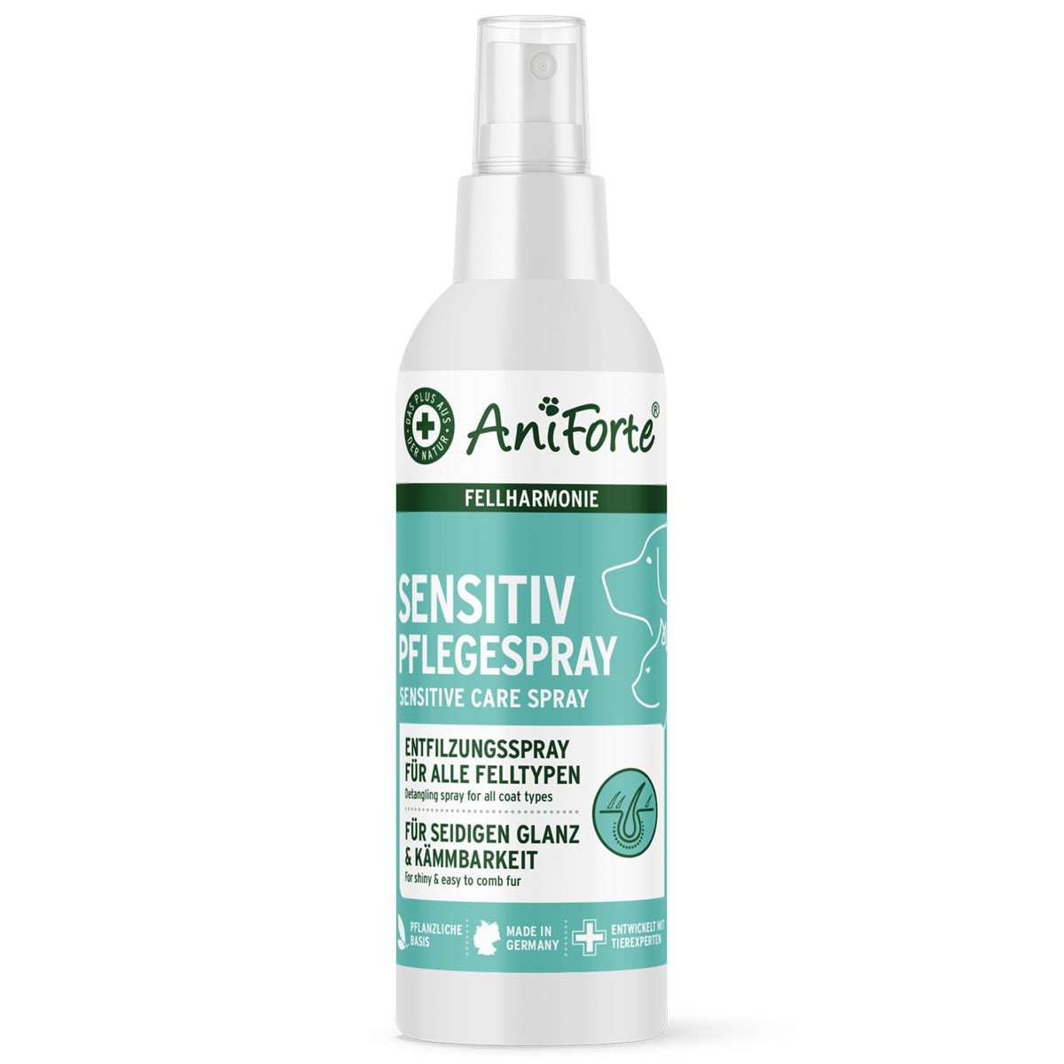 Fellharmonie Pflegespray Sensitiv von AniForte für Hunde und Katzen, 250ml-Flasche, Entfilzungsspray mit natürlichen Inhaltsstoffen wie Aloe Vera, Jojobaöl und Sheabutter.