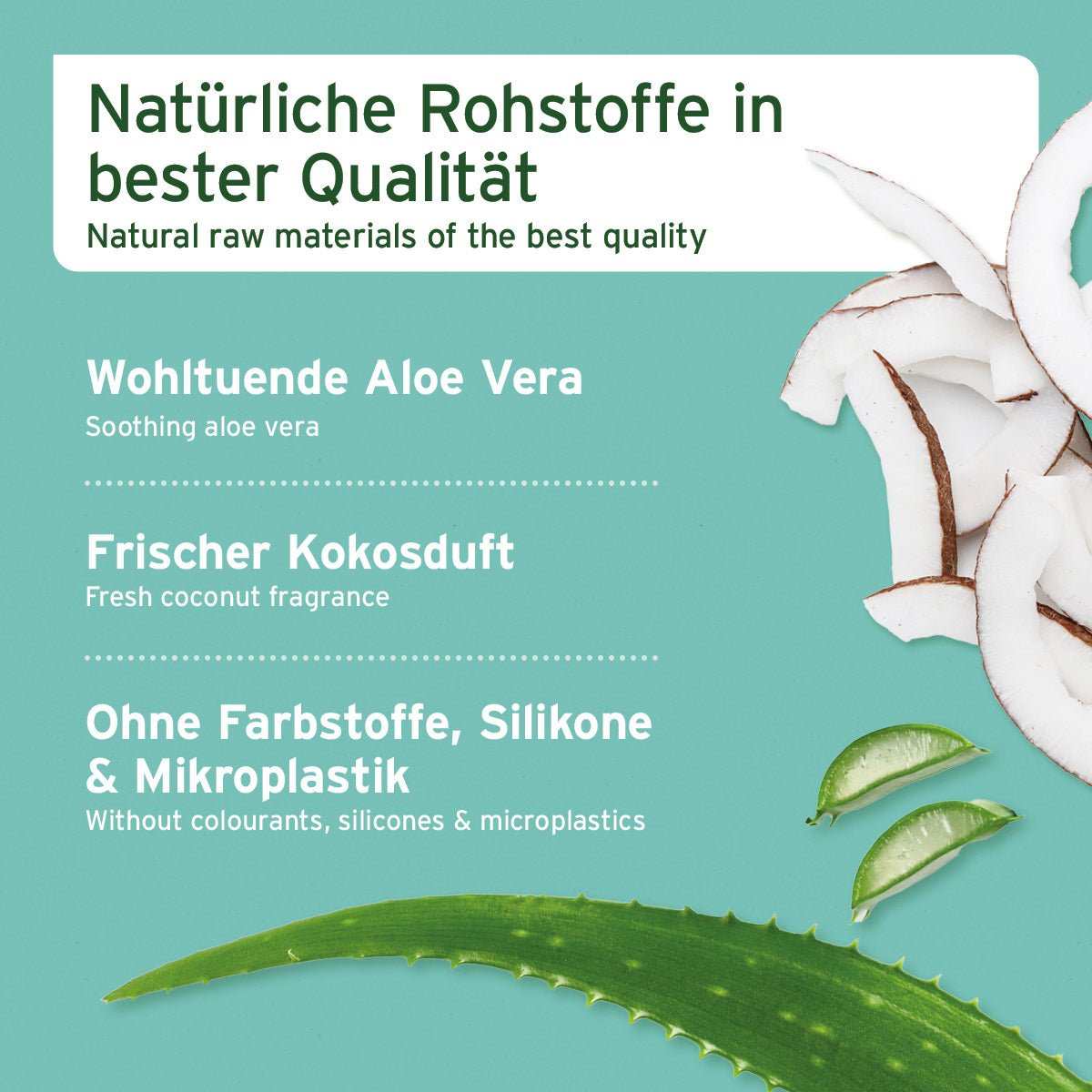Aufzählung der Vorteile vom Fellharmonie Shampoo Kokos. Dazu Alove Vera Zweig, Limetten und Kokos-Scheiben auf türkisem Hintergrund.