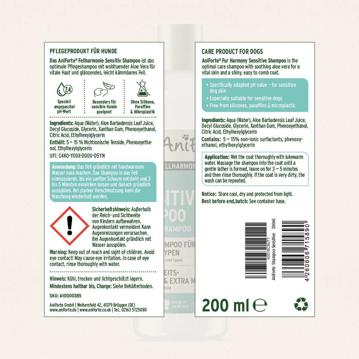 Etikett Fellharmonie Shampoo Sensitiv für Hunde, 200 ml Flasche, sanfte Pflege mit Aloe Vera, ohne Duft- und Farbstoffe, für empfindliche Haut geeignet.