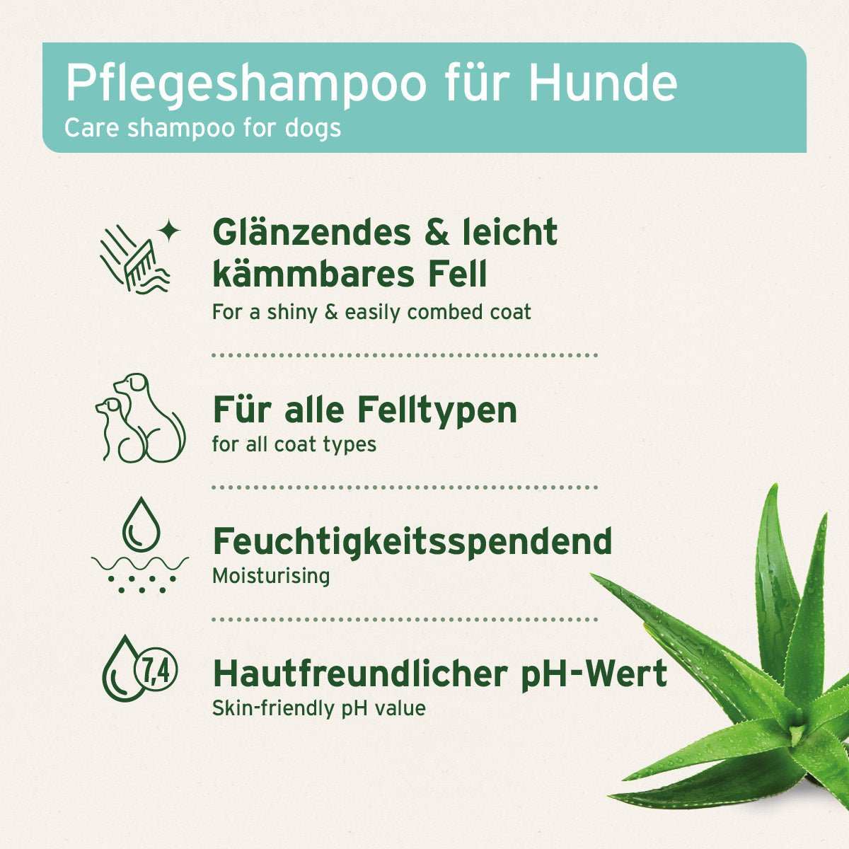 Auflistung der Anwendungsbereiche und Vorteile Fellharmonie Shampoo Sensitiv für Hunde, natürliche Fellpflege mit Aloe Vera, für glänzendes Fell und empfindliche Haut, ohne Duft- und Farbstoffe.