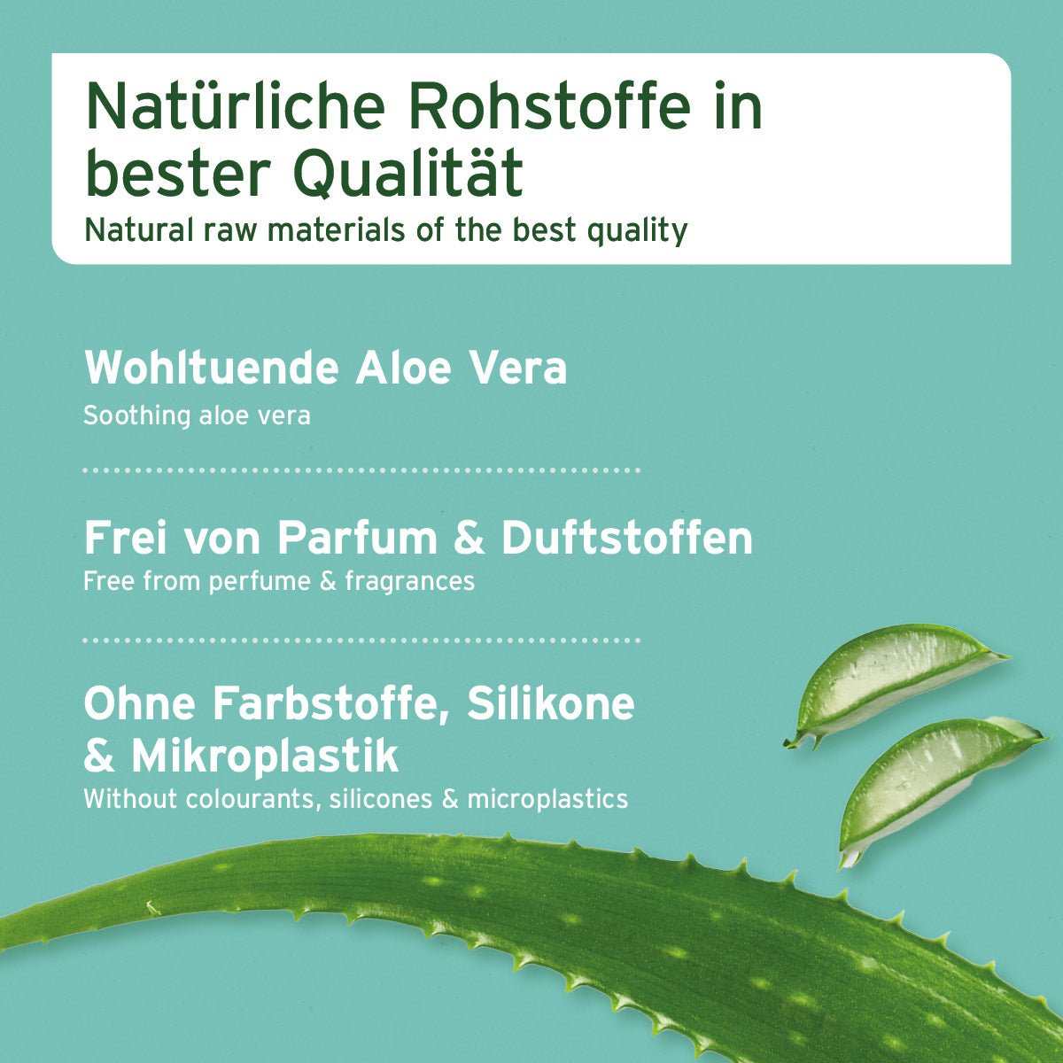 Informationsgrafik mit dem Hinweis auf; natürliche Rohstoffe, Aloe Vera, ohne Parfum, Duftstoffe, Farbstoffe, Silikone, Mikroplastik. Zudem Aloe Vera Blatt und Limetten.