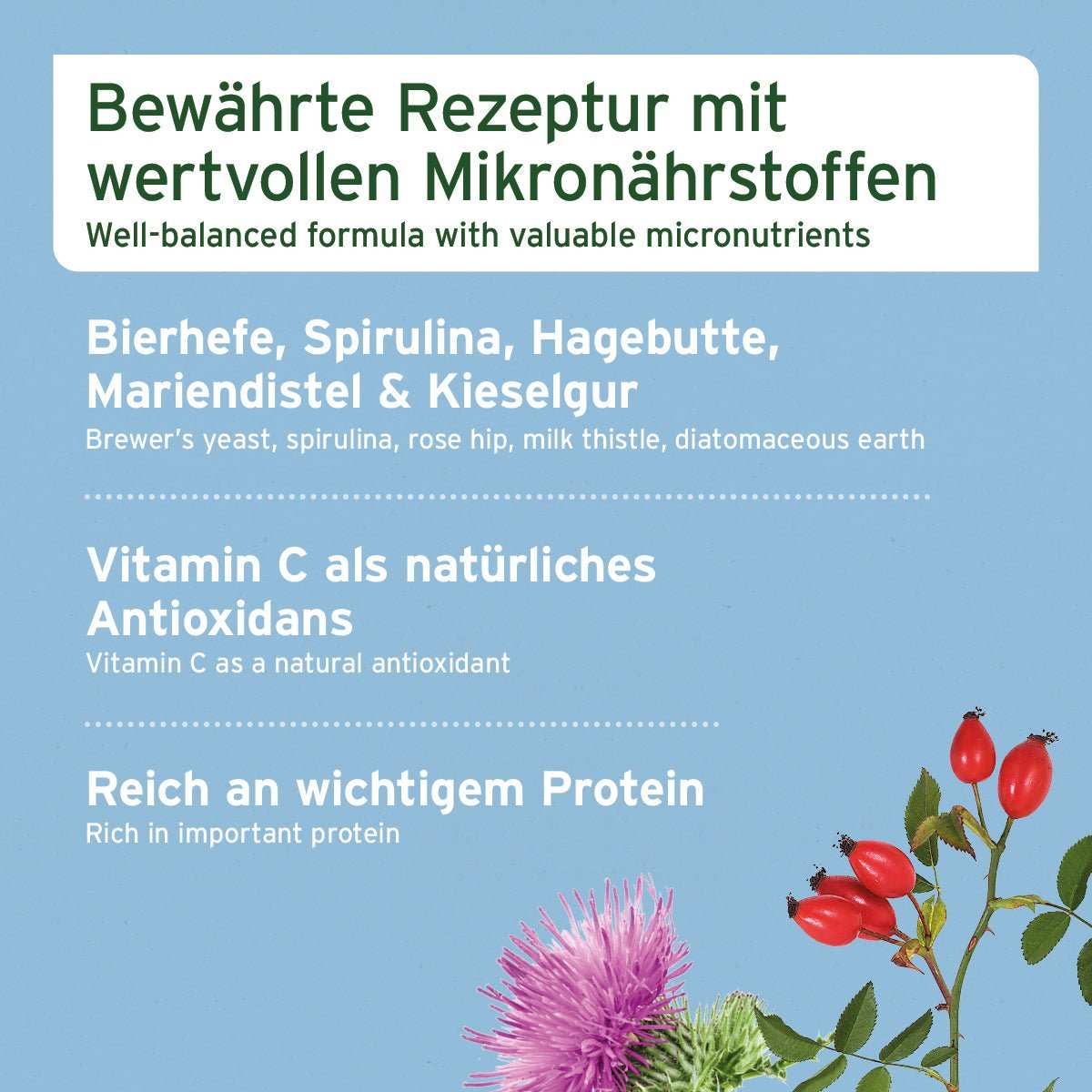Bewährte Rezeptur von AniForte® Fellharmonie Vitalpulver mit Bierhefe, Spirulina, Hagebutte und natürlichen Mikronährstoffen für gesundes Fell.