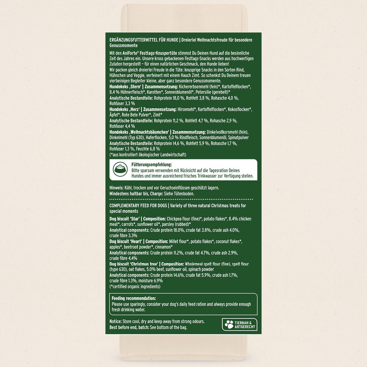 AniForte® Festtags-Knuspertüte mit knusprigen Hundesnacks in den Sorten Rind, Hühnchen und Veggie, weihnachtlich verpackt