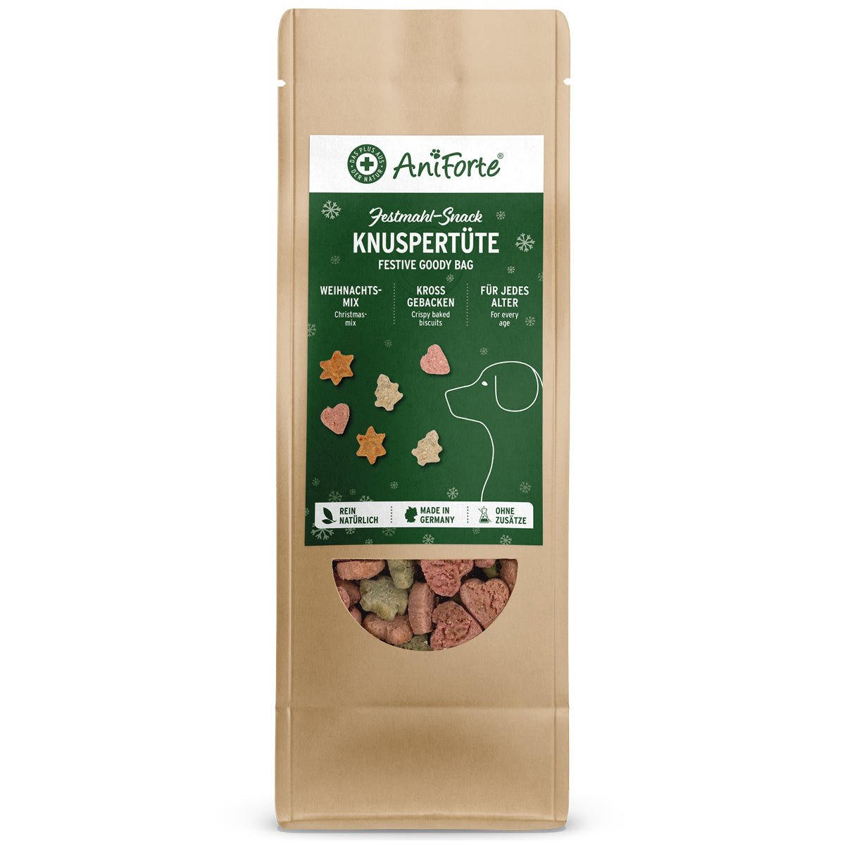 AniForte® Festtags-Knuspertüte mit dreierlei knusprigen Hundesnacks in weihnachtlicher Verpackung