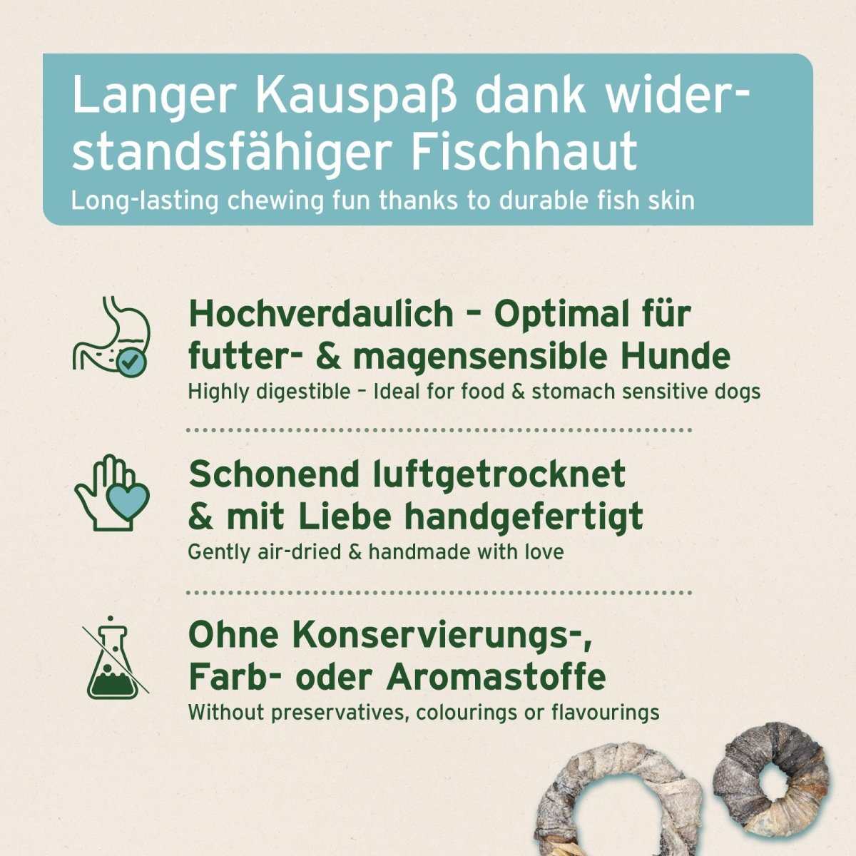 AniForte Fischhaut Donuts für Hunde aus getrockneter Kabeljauhaut, langer Kauspaß, ideal für empfindliche Hunde, ohne Zusatzstoffe.