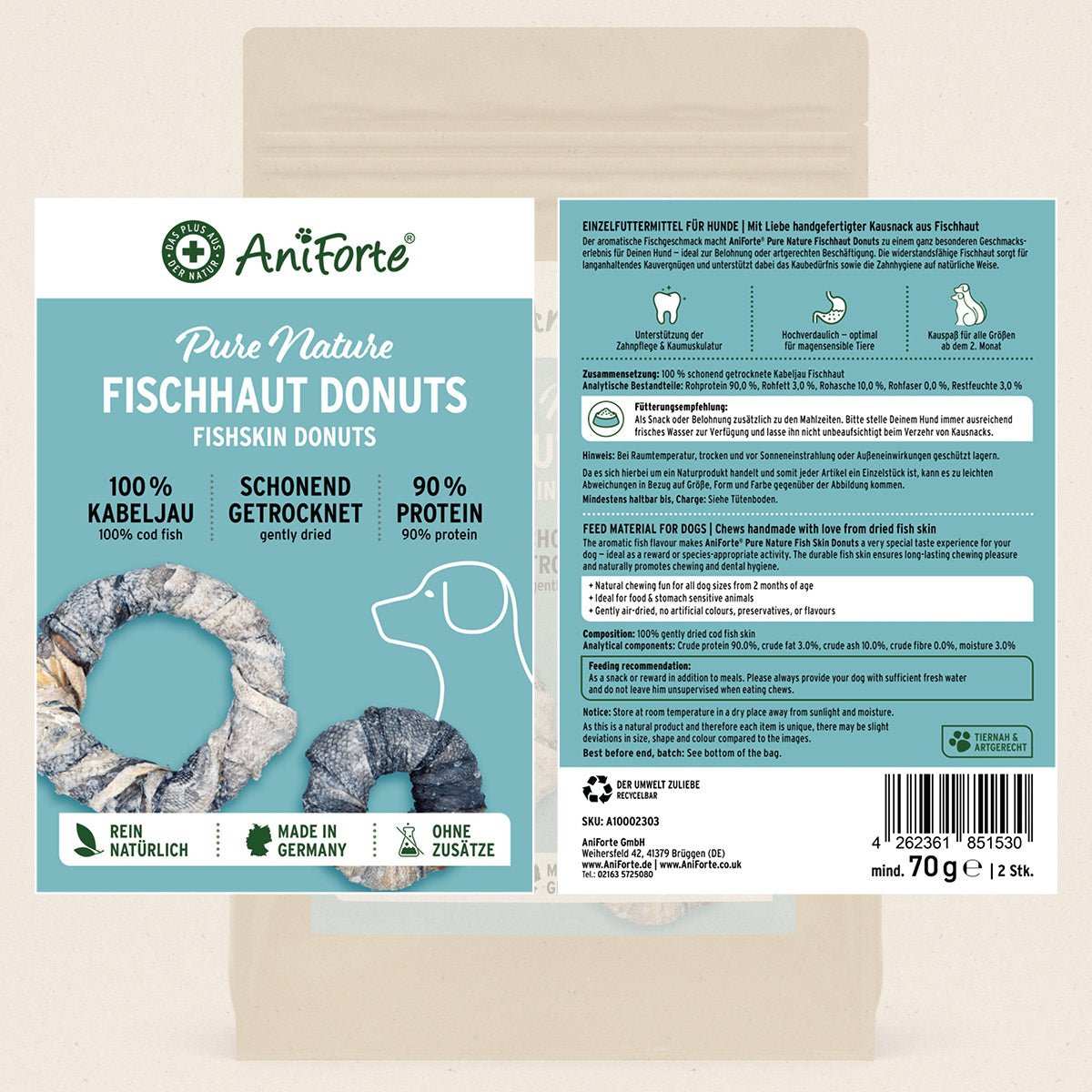 AniForte® Fischhaut Donuts für Hunde, 100 % getrocknete Kabeljauhaut, proteinreich, schonend luftgetrocknet, ohne künstliche Zusatzstoffe, ideal für stressfreien Kauspaß und Zahnhygiene.