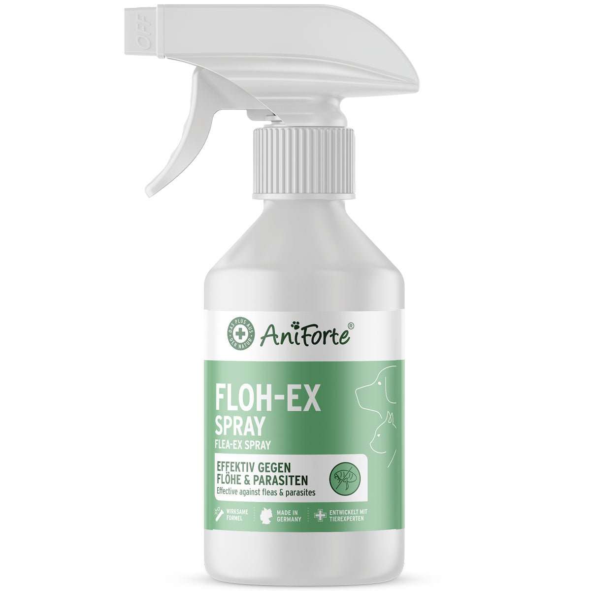 Floh-EX Spray von AniForte, effektives Mittel gegen Flöhe, Zecken und Milben bei Hunden und Katzen, Flasche mit Sprühkopf.