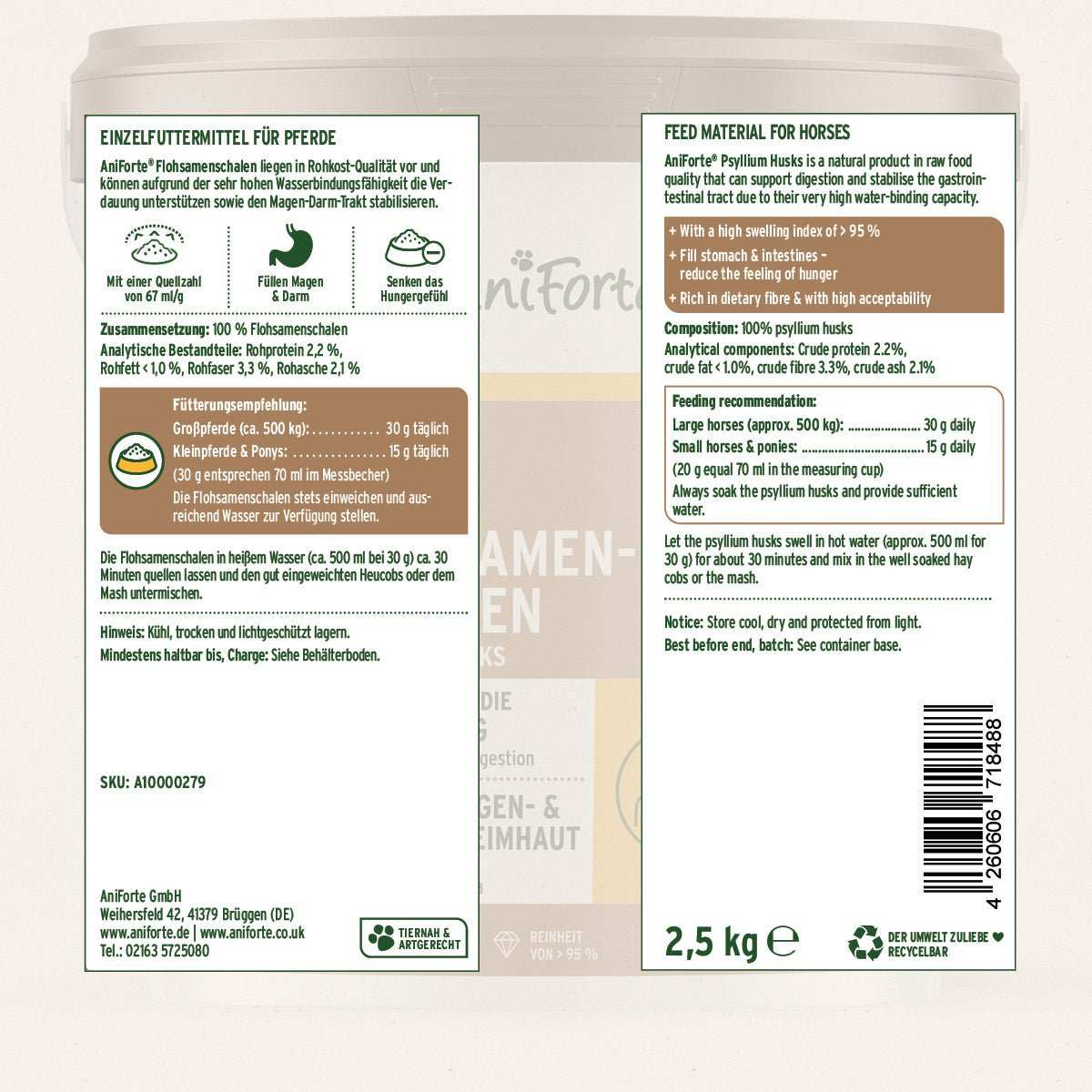 Flohsamenschalen für Pferde, unterstützt Verdauung, AniForte Naturprodukt, ballaststoffreich.