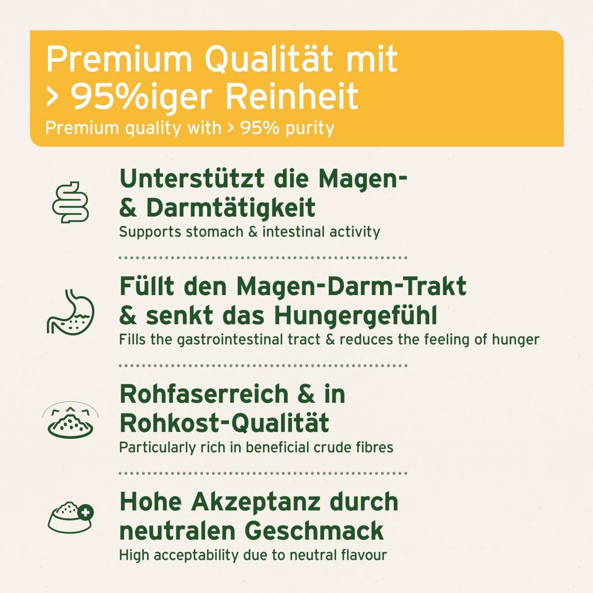 Infografik Flohsamenschalen für Pferde und Ponys in Premium-Qualität, unterstützen Verdauung, reich an Ballaststoffen, über 95% Reinheit.