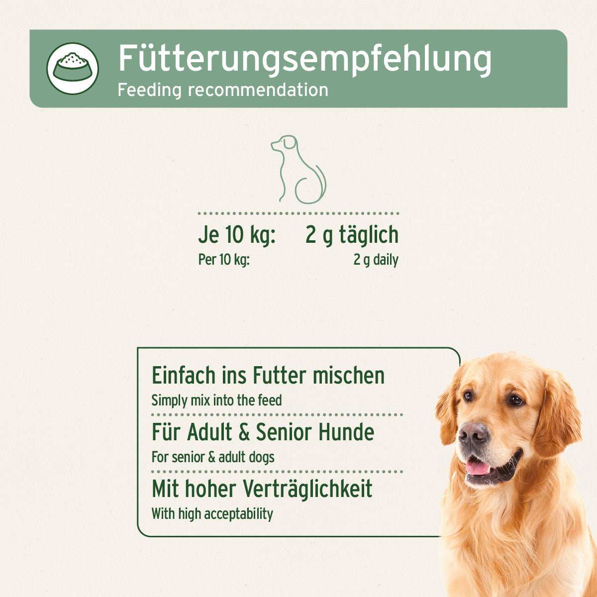 Fütterungsempfehlung für Hunde: GelenkVETAL 3 Pulver, 2 g täglich pro 10 kg Körpergewicht, einfach ins Futter mischen. Geeignet für ausgewachsene und ältere Hunde.
