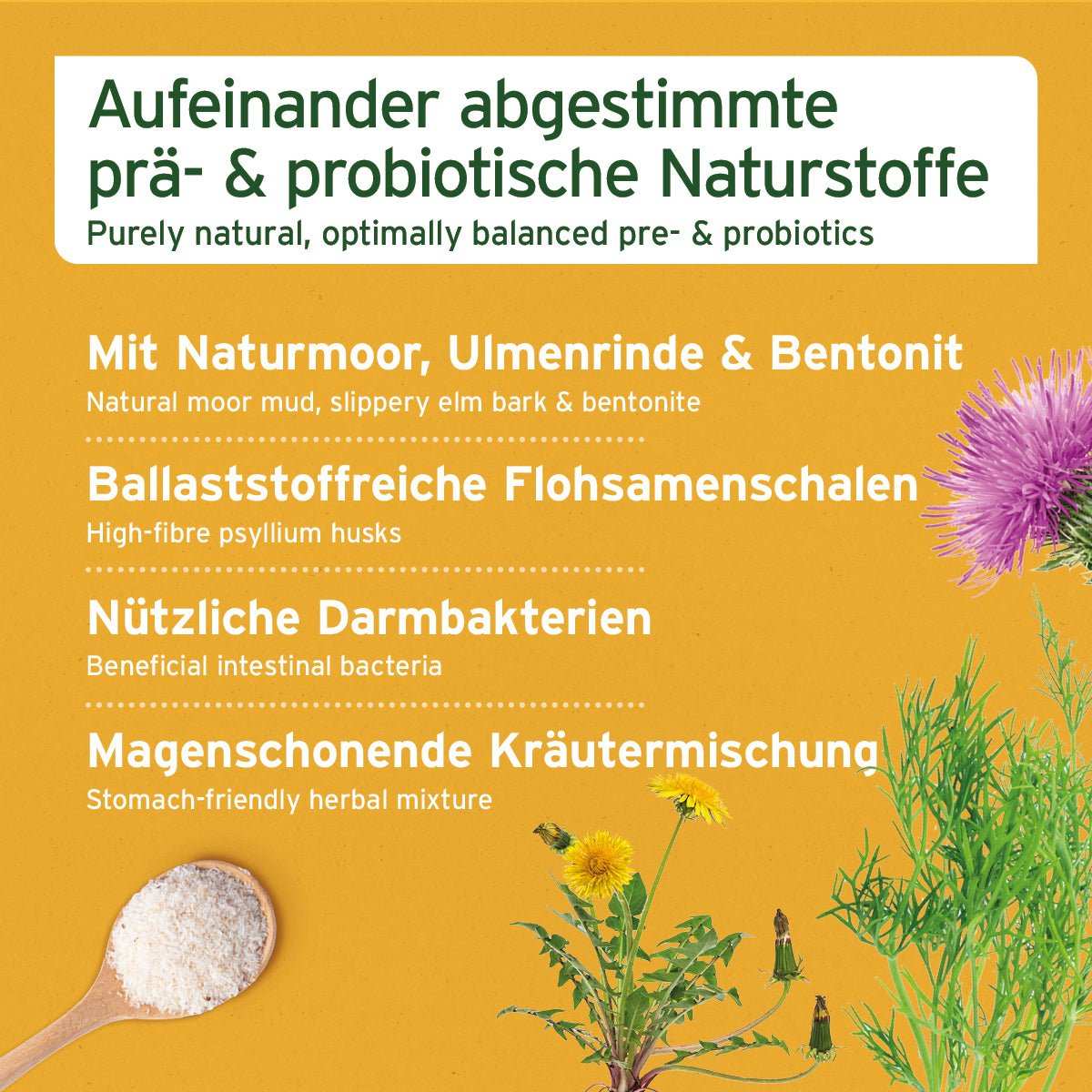 Aufeinander abgestimmte prä- & probiotische Naturstoffe, mit Naturmoor, Ulmenrinde, Bentonit, Flohsamenschalen, für das Wohlbefinden von Hunden.