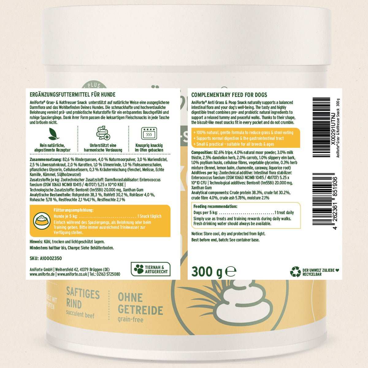 AniForte® Kot- & Grasfresser Snacks für Hunde in weißer Verpackung, 300 g, 100 % natürliche Zutaten, getreidefrei und mit saftigem Rinderpansen, zur Unterstützung der Verdauung.