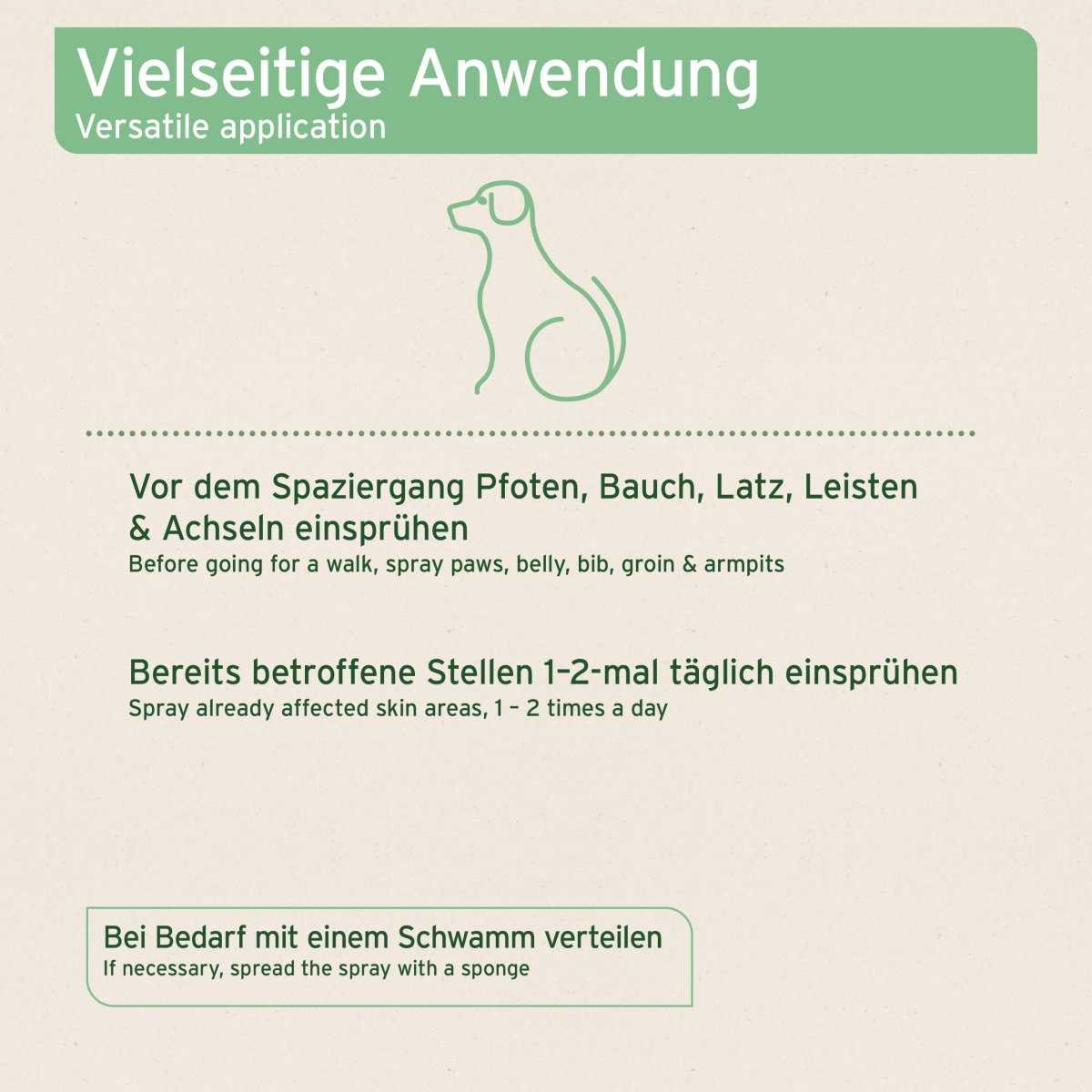 Anwendungsbeschreibung Grasmilben-EX Spray zur Abwehr und Pflege gereizter Hautstellen, enthält Geraniol und ätherische Öle, ideal gegen Grasmilben bei Hunden.