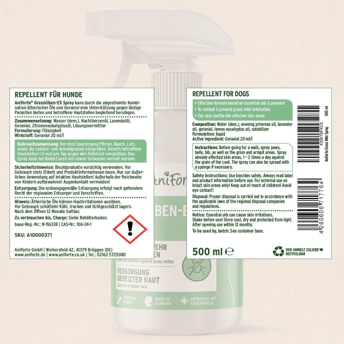 Grasmilben-EX Spray von AniForte gegen Parasiten bei Hunden, 500 ml Flasche.