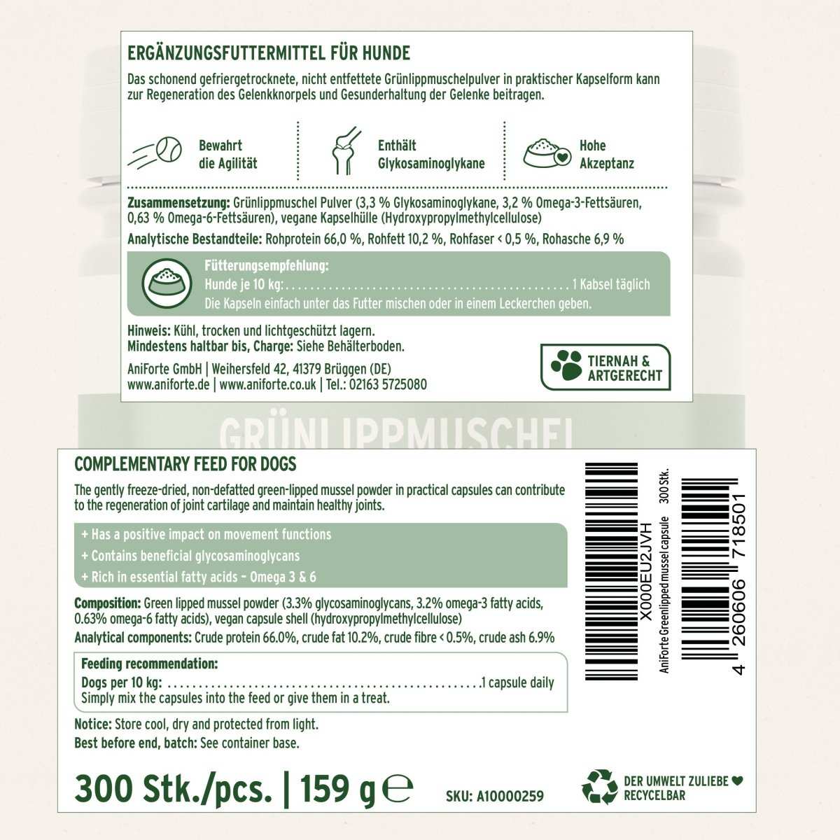 Etikett zu Grünlippmuschel Kapseln für Hunde, 300 Stück, unterstützt Gelenkfunktion und Agilität durch hochwertigen Grünlippmuschel-Extrakt in Vollfettqualität aus Neuseeland.
