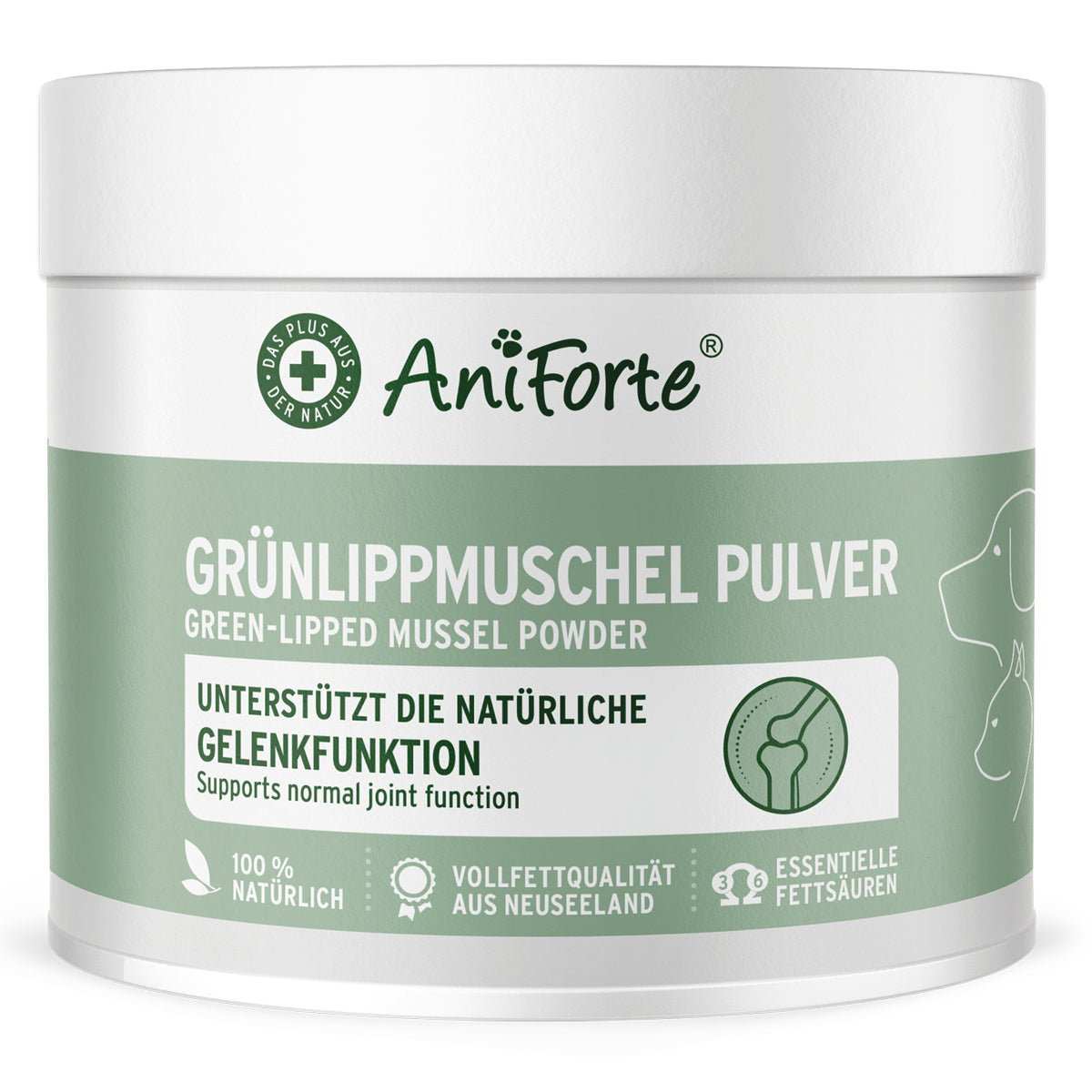 Grünlippmuschel Pulver von AniForte in Dose, unterstützt Gelenkfunktion und Beweglichkeit bei Haustieren, natürliche Omega-Fettsäuren aus Neuseeland.