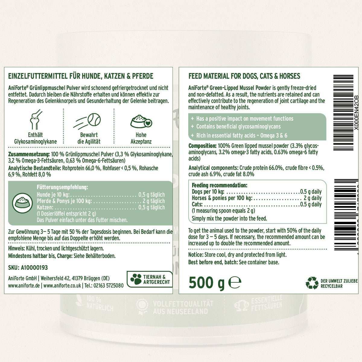 Etikett Grünlippmuschel Pulver Übersicht: Enthält Glykosaminoglykane, bewahrt die Agilität und besitzt eine hohe Akzeptanz