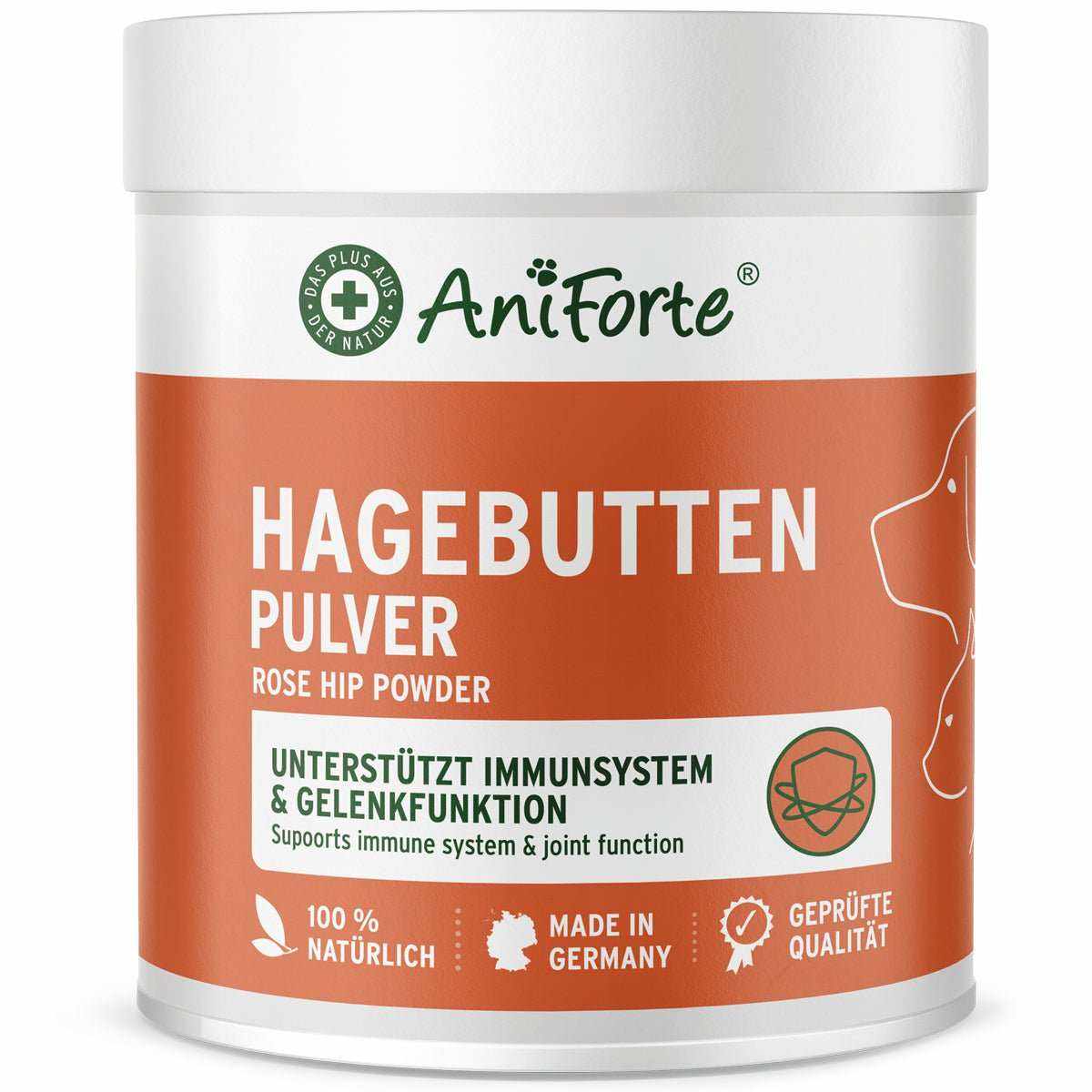 AniForte® Hagebuttenpulver für Hunde und Katzen, unterstützt Immunsystem und Gelenkfunktion, 100% natürliches Vitamin C, geprüfte Qualität, Made in Germany