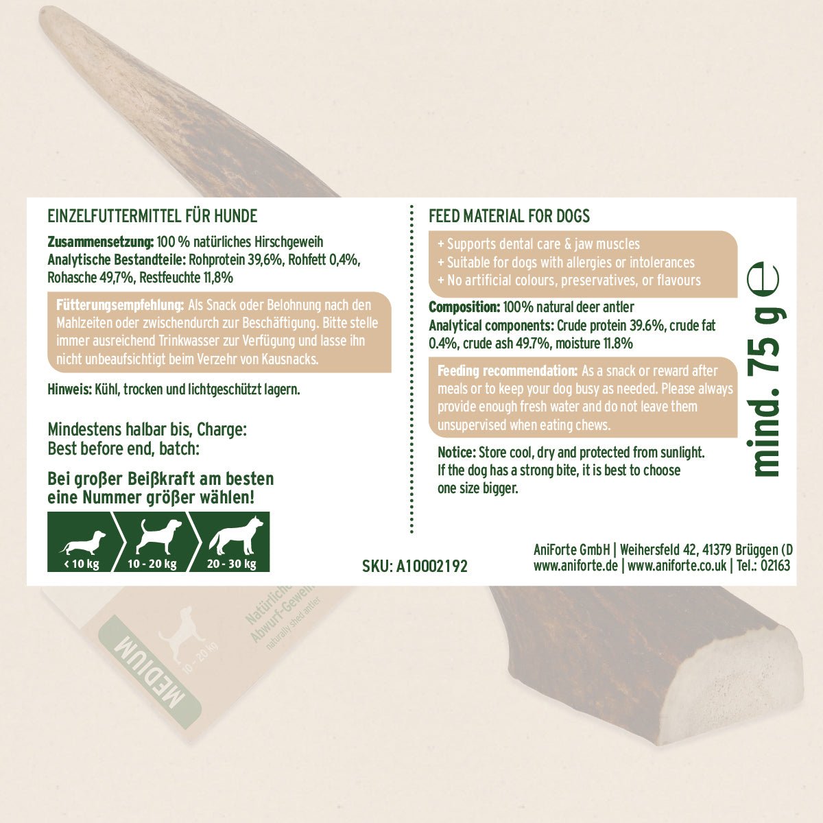 AniForte® Hochland Hirschgeweih natürlicher Kauknochen für Hunde zur Zahnpflege und Stressabbau