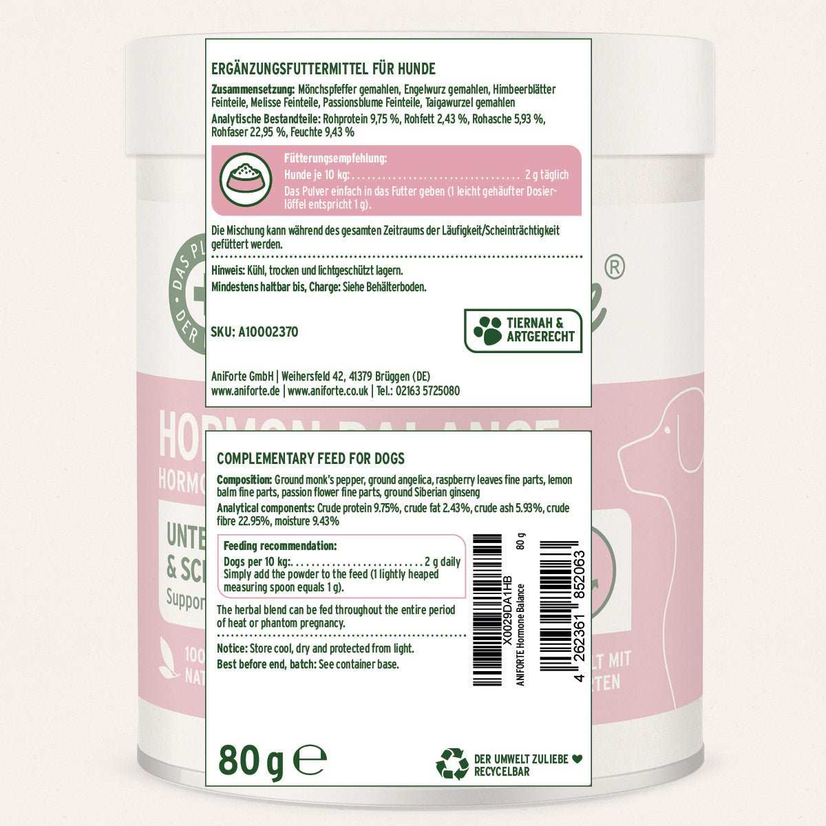 Ergänzungsfuttermittel für Hunde in weißer Verpackung, 80g, zur Unterstützung des hormonellen Gleichgewichts.