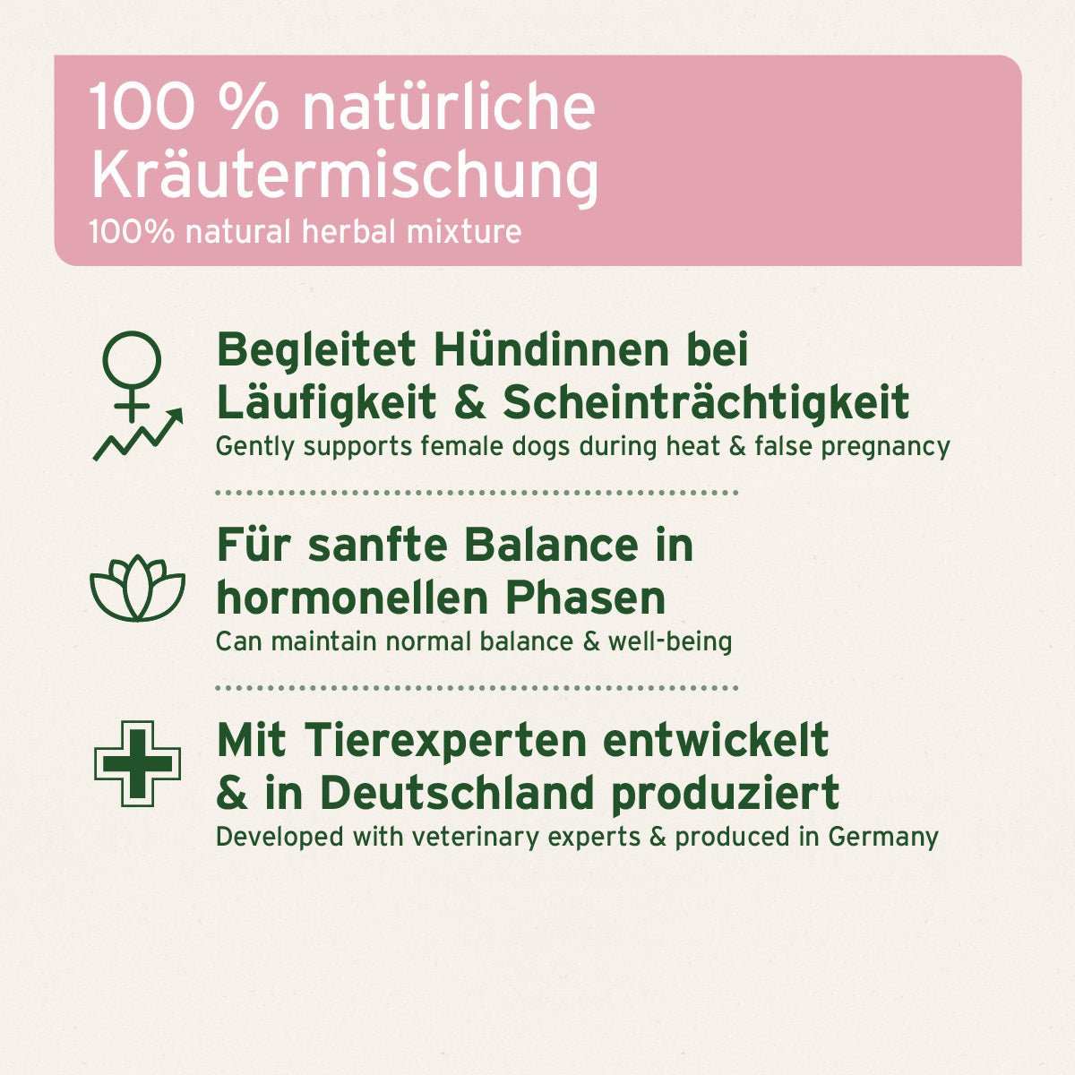 Natürliche Kräutermischung für hormonelles Gleichgewicht bei Hündinnen, entwickelt mit Tierexperten.