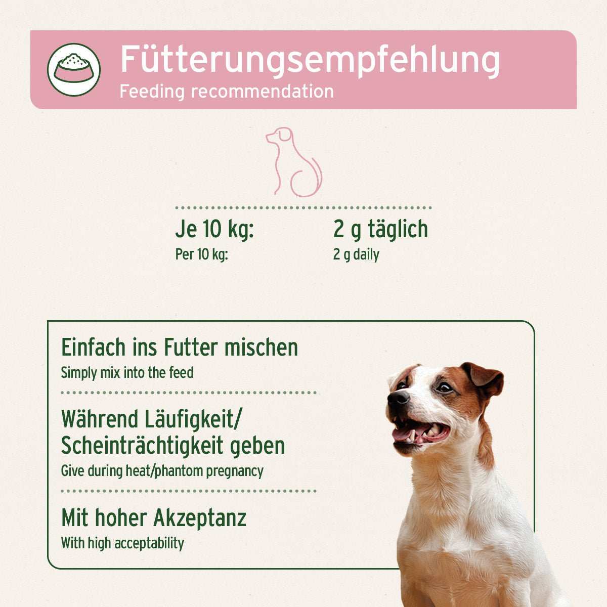 Fütterungsempfehlung für Hunde: AniForte® Hormon Balance, natürliche Unterstützung bei hormonellen Ungleichgewichten, 2g täglich pro 10 kg, hohe Akzeptanz.