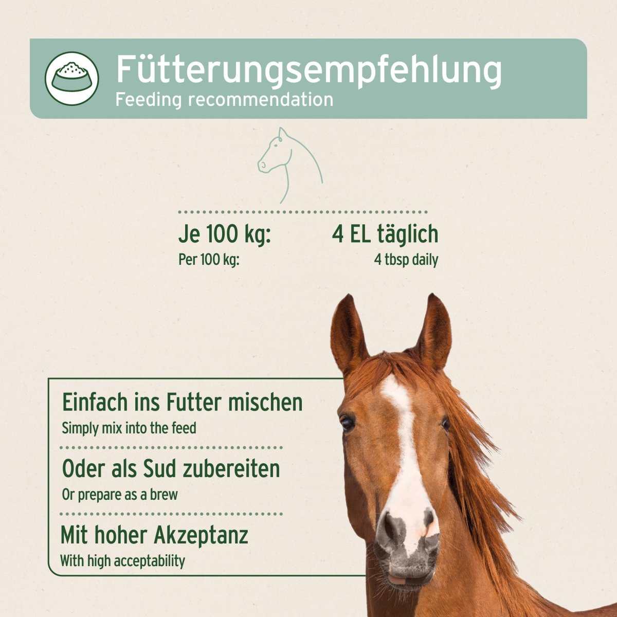 Fütterungsempfehlung für AniForte® Huf Akut; Dosierungsanleitung vor braunem Pferd, je 100kg 4 EL täglich, Einfach ins Futter mischen oder als Sud zubereiten