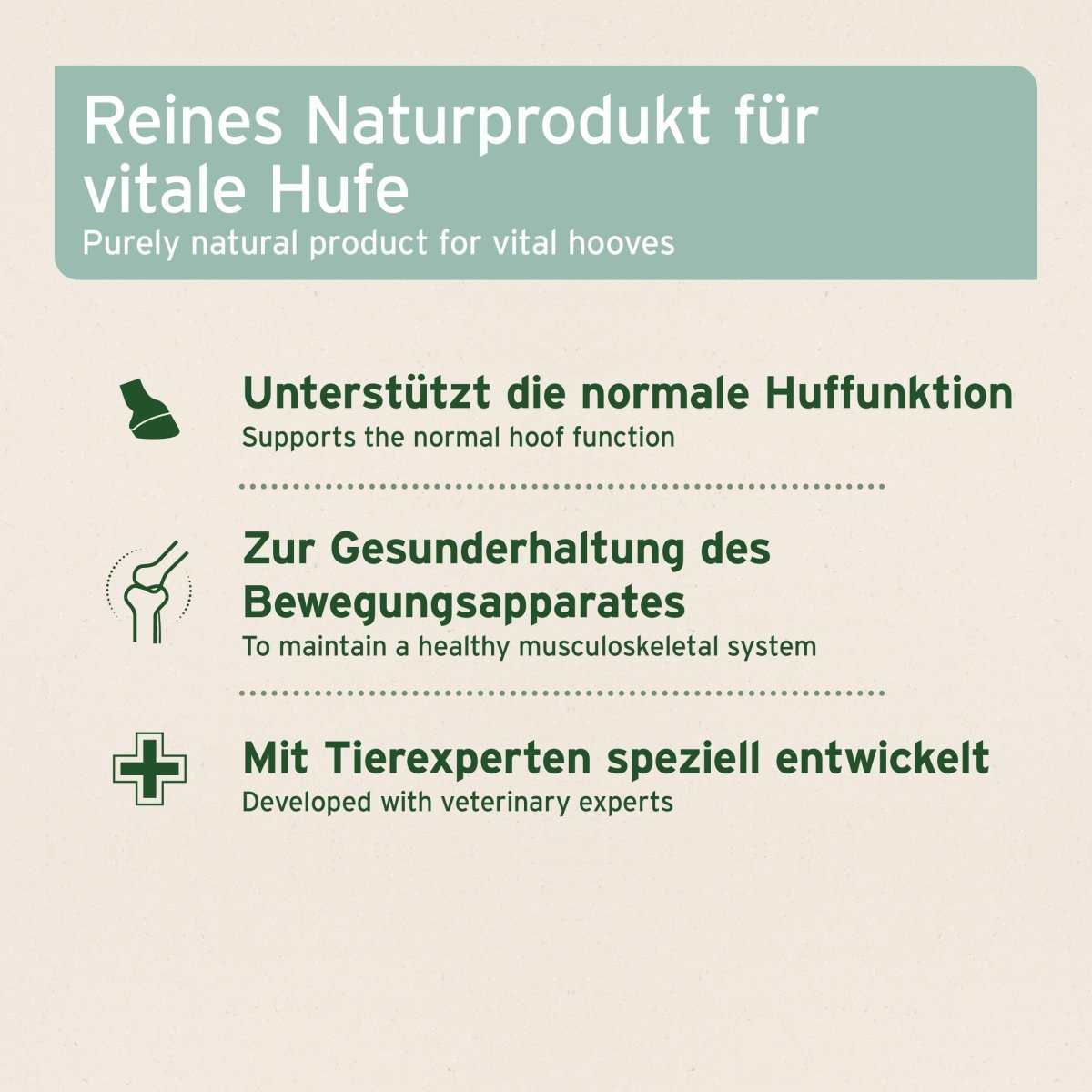 Reines Naturprodukt für vitale Pferdehufe mit Kräutermischung, entwickelt mit Tierexperten.