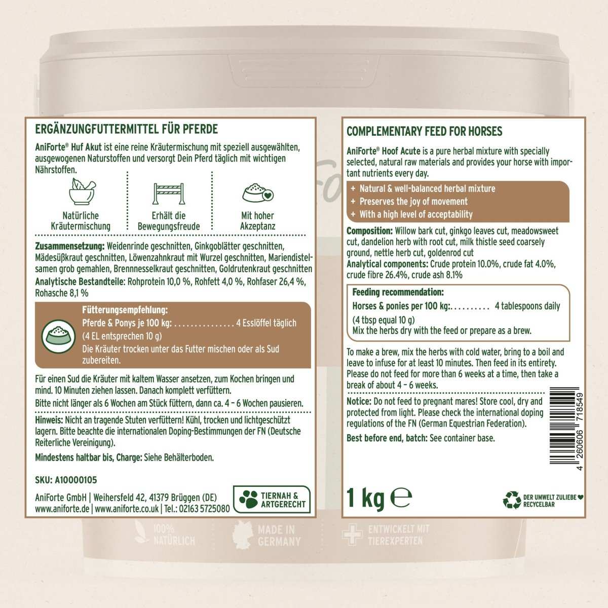 Etikett Huf Akut Kräutermischung für gesunde Pferdehufe, unterstützt Huffunktion und Bewegungsfreude, 1 kg.