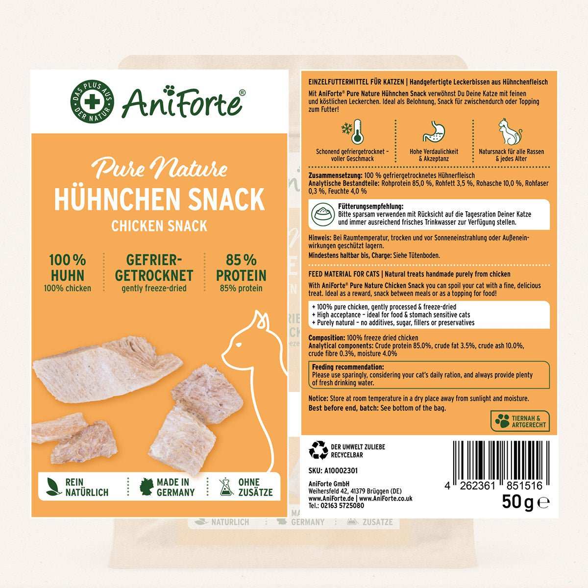 Hühnchen Snack für Katzen, gefriergetrocknet, 100 % Hühnerfleisch, ohne Zusätze, AniForte®, 85 % Protein.