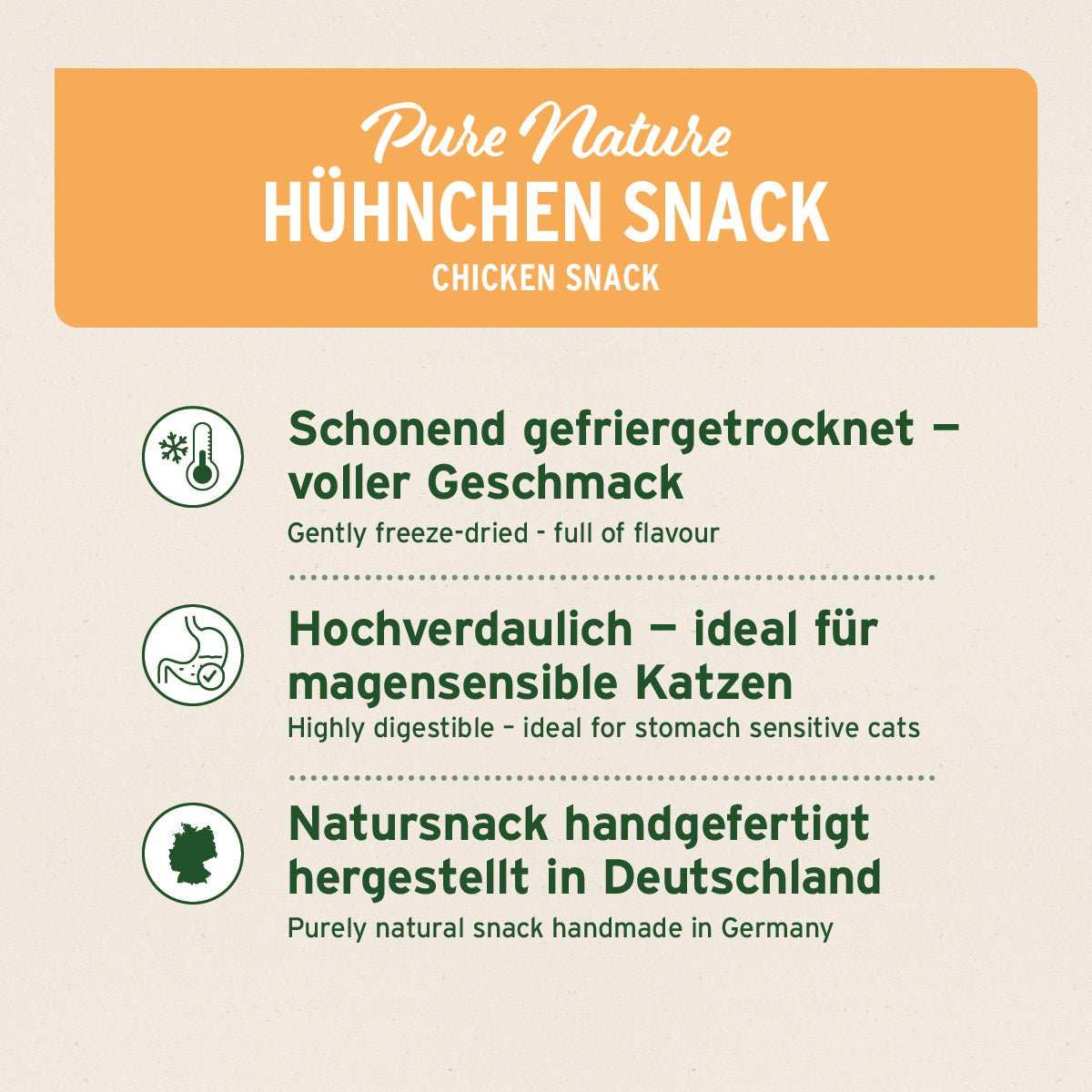 Hühnchen Snack für Katzen, gefriergetrocknet, 100 % natürlich, leicht verdaulich, hergestellt in Deutschland.