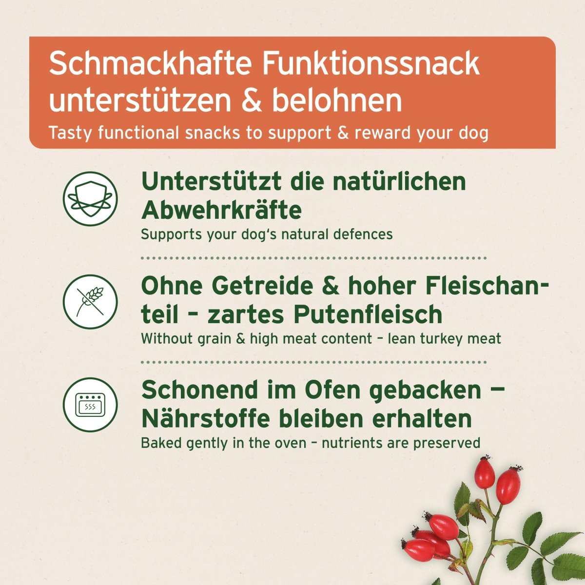 Schmackhafter, getreidefreier Funktionssnack mit Putenfleisch, unterstützt natürliche Abwehrkräfte, AniForte® Immun-Boost Snacks.