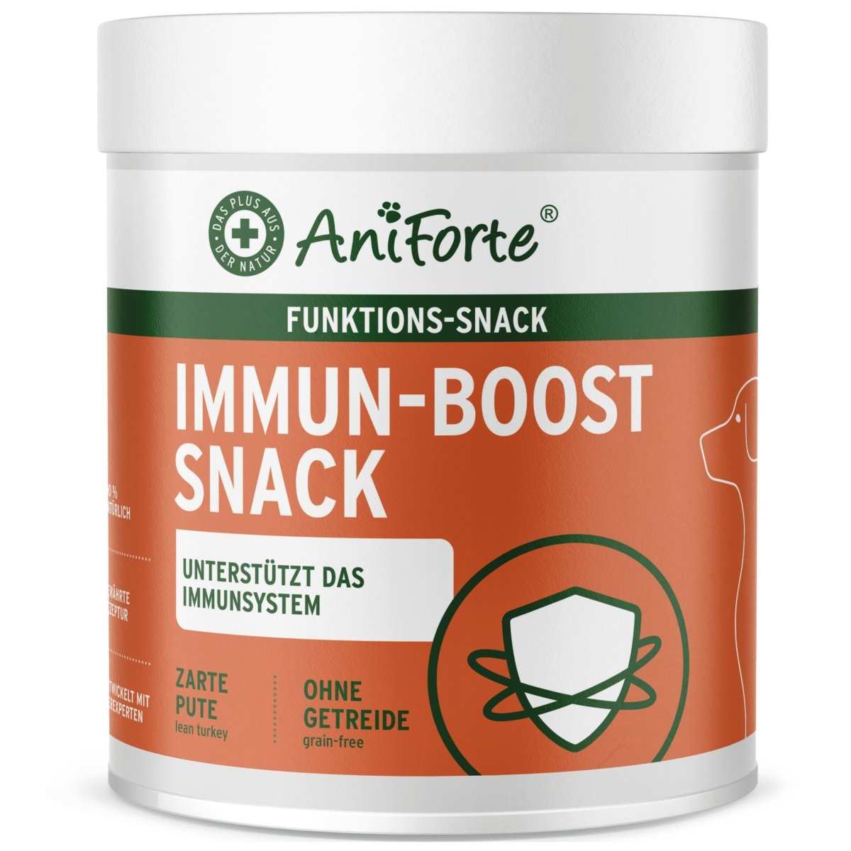 AniForte® Immun-Boost Snacks container; supports immune system; grain-free turkey snack for dogs.