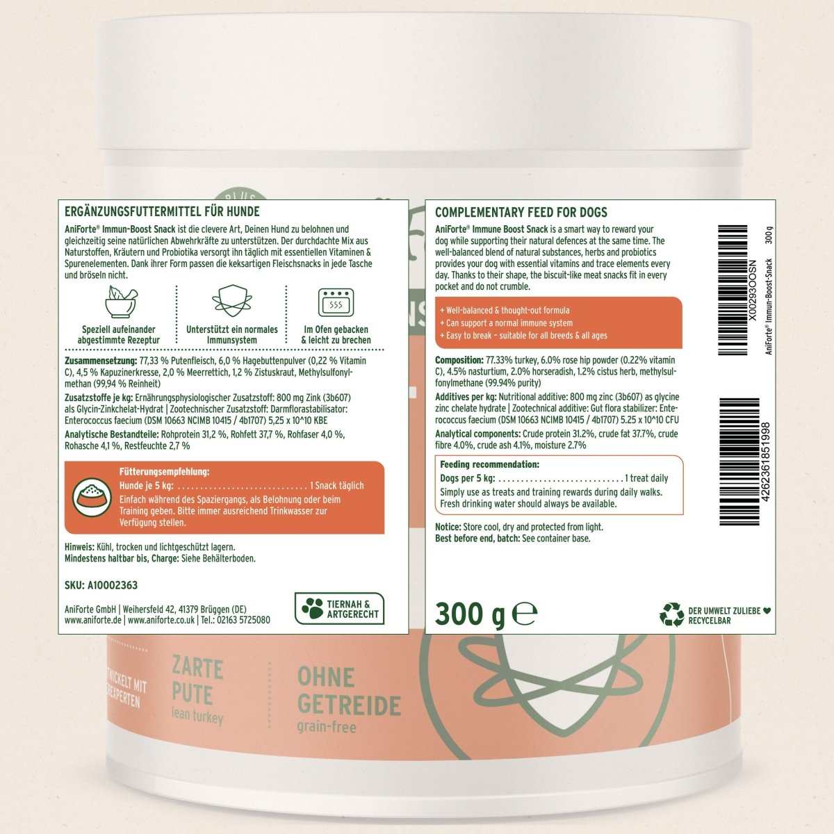 AniForte® Immun-Boost Snacks für Hunde, zartes Putenfleisch, getreidefrei, unterstützt Immunsystem, 300 g Packung.