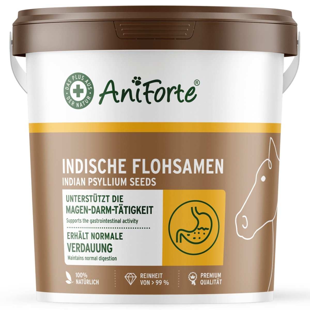 Eimer Indische Flohsamen für Pferde und Ponys, unterstützt Verdauung und gesunde Darmflora, hochwertiges Naturprodukt.