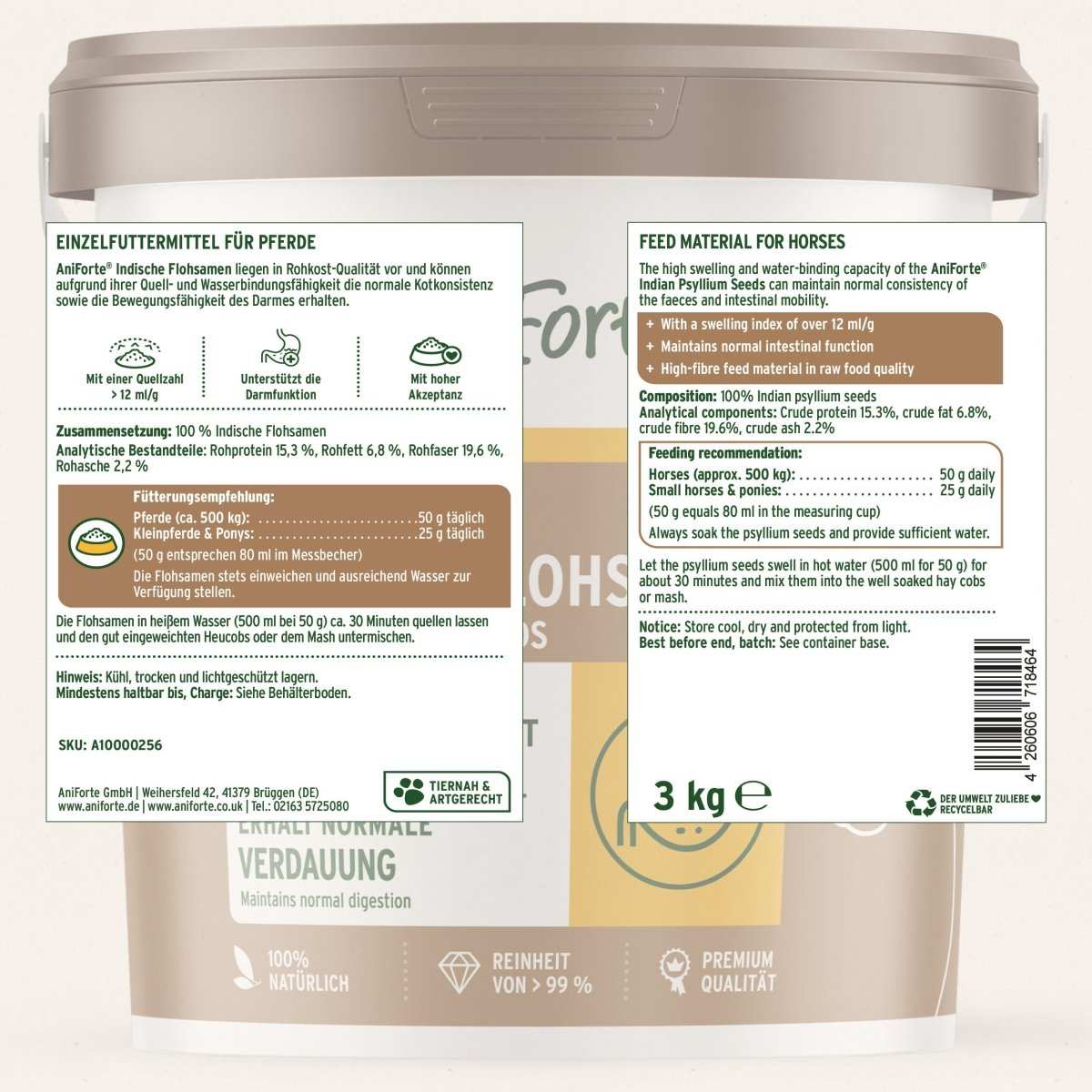Etiketten und Verpackung Indische Flohsamen in Rohkost-Qualität für Pferde, unterstützt Verdauung und Darmflora.