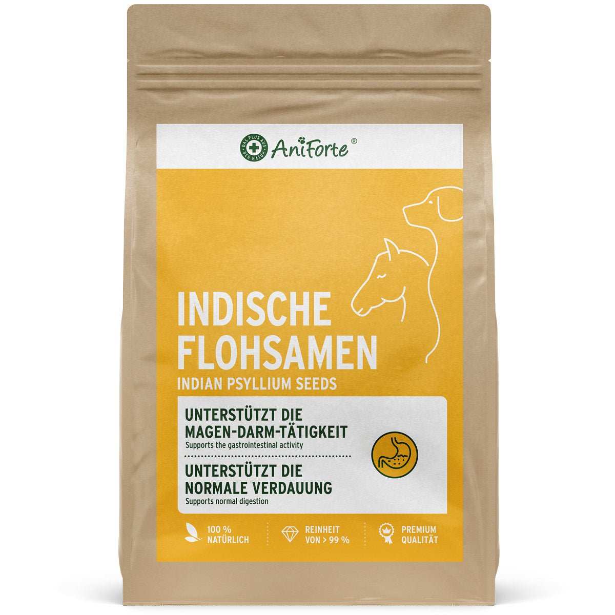 Indische Flohsamen von AniForte für Hunde, Katzen und Pferde, unterstützt Verdauung, hochwertiges Naturprodukt.