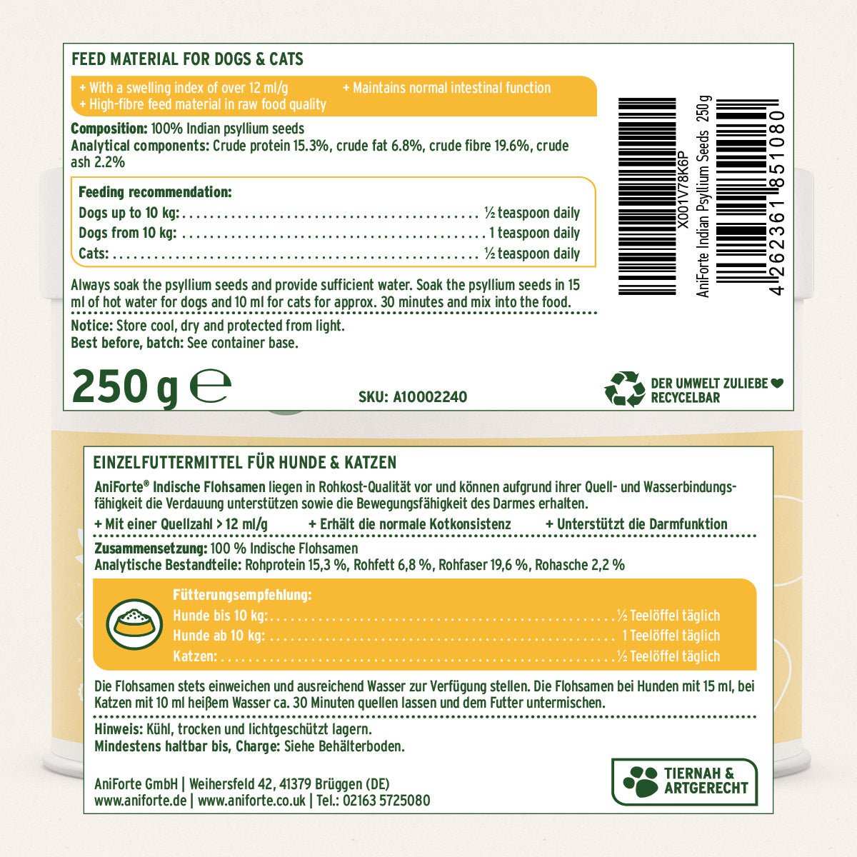 Etikett Indische Flohsamen für Hunde und Katzen von AniForte, fördert normale Verdauung, 250g Packung.