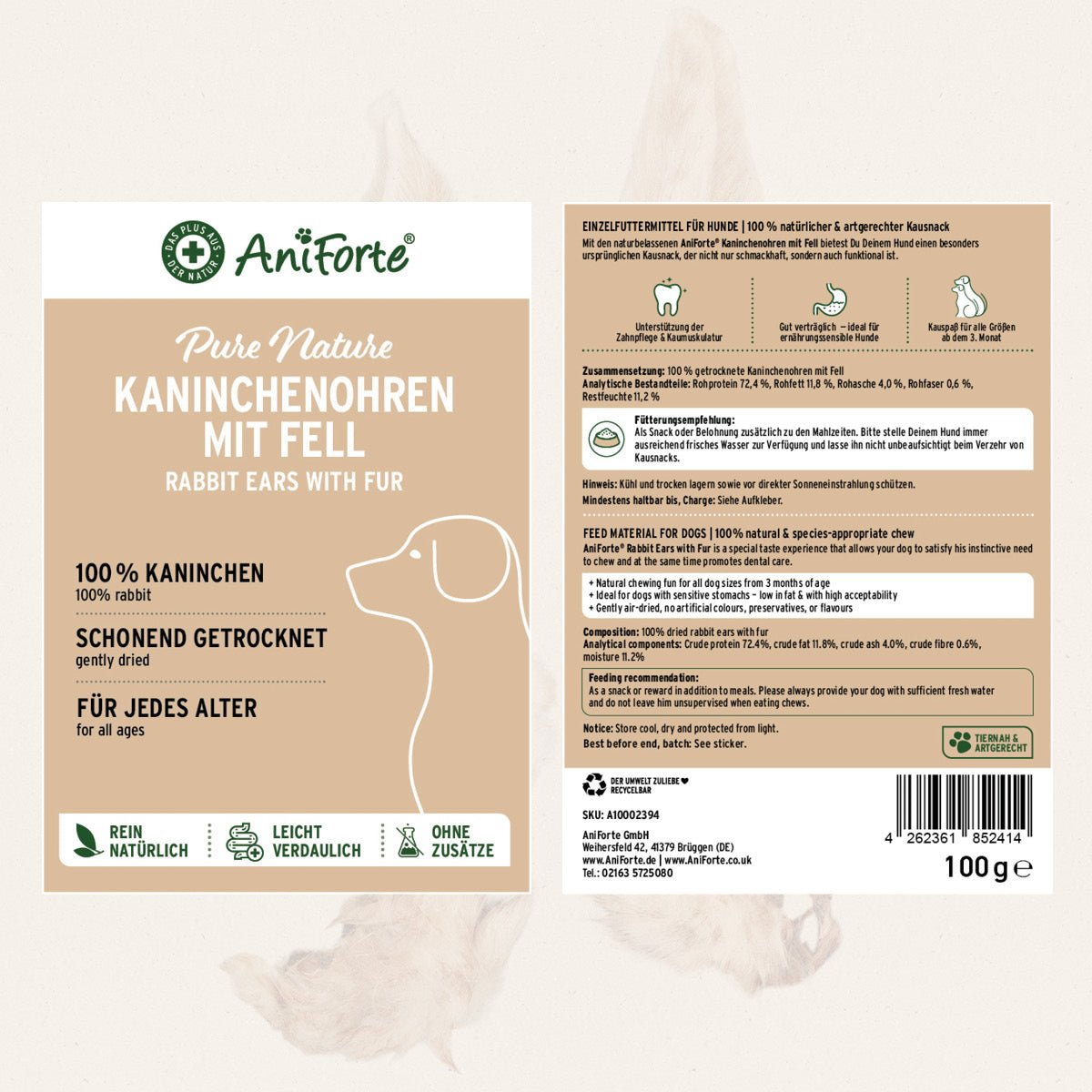 Kaninchennasen mit Fell, natürlicher Kausnack für Hunde, schonend getrocknet, 100 % Kaninchen, stressabbauend und magenfreundlich