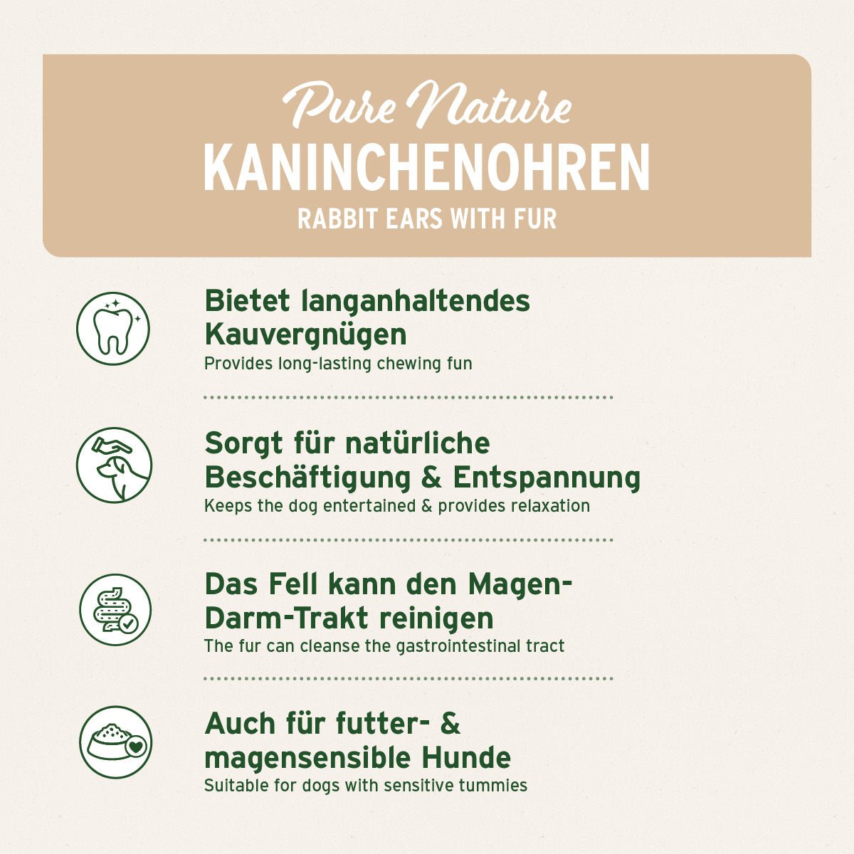 Kaninchenohren mit Fell als natürlicher und verträglicher Kausnack für Hunde zur Beschäftigung und Magen-Darm-Reinigung