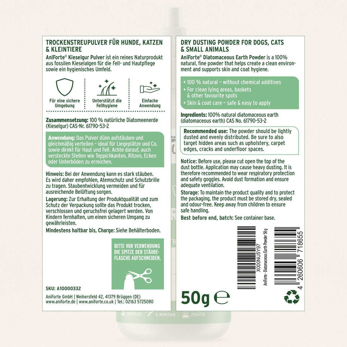 Etikett Kieselgur Pulver - ehemals Milben - STOP Puder - AniForte