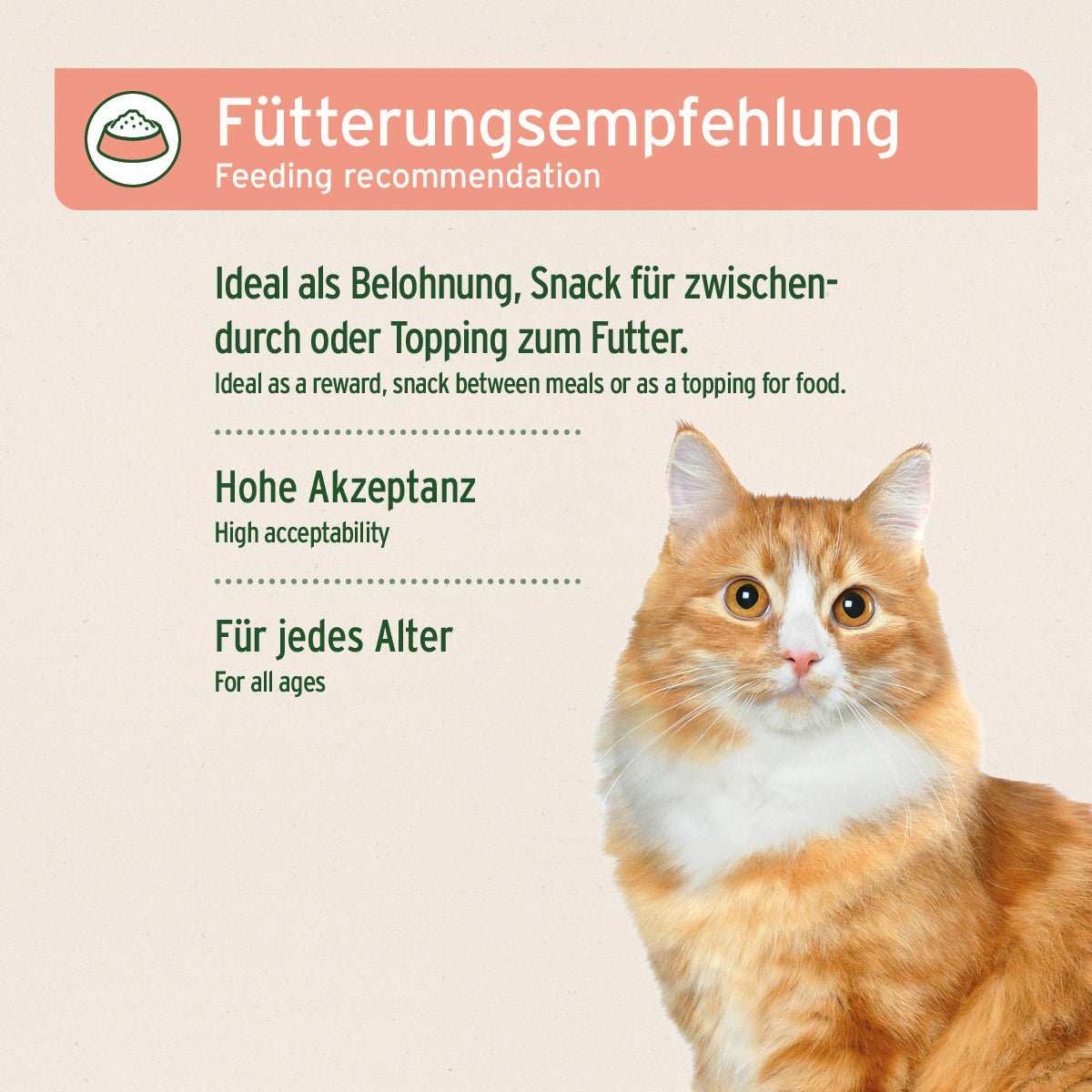 Gefriergetrocknetes Lachs-Snack für Katzen, 100% natürlich ohne Zusätze, ideal als Belohnung oder Futter-Topping, reich an Omega-3 für glänzendes Fell. Mit Katzenbild.