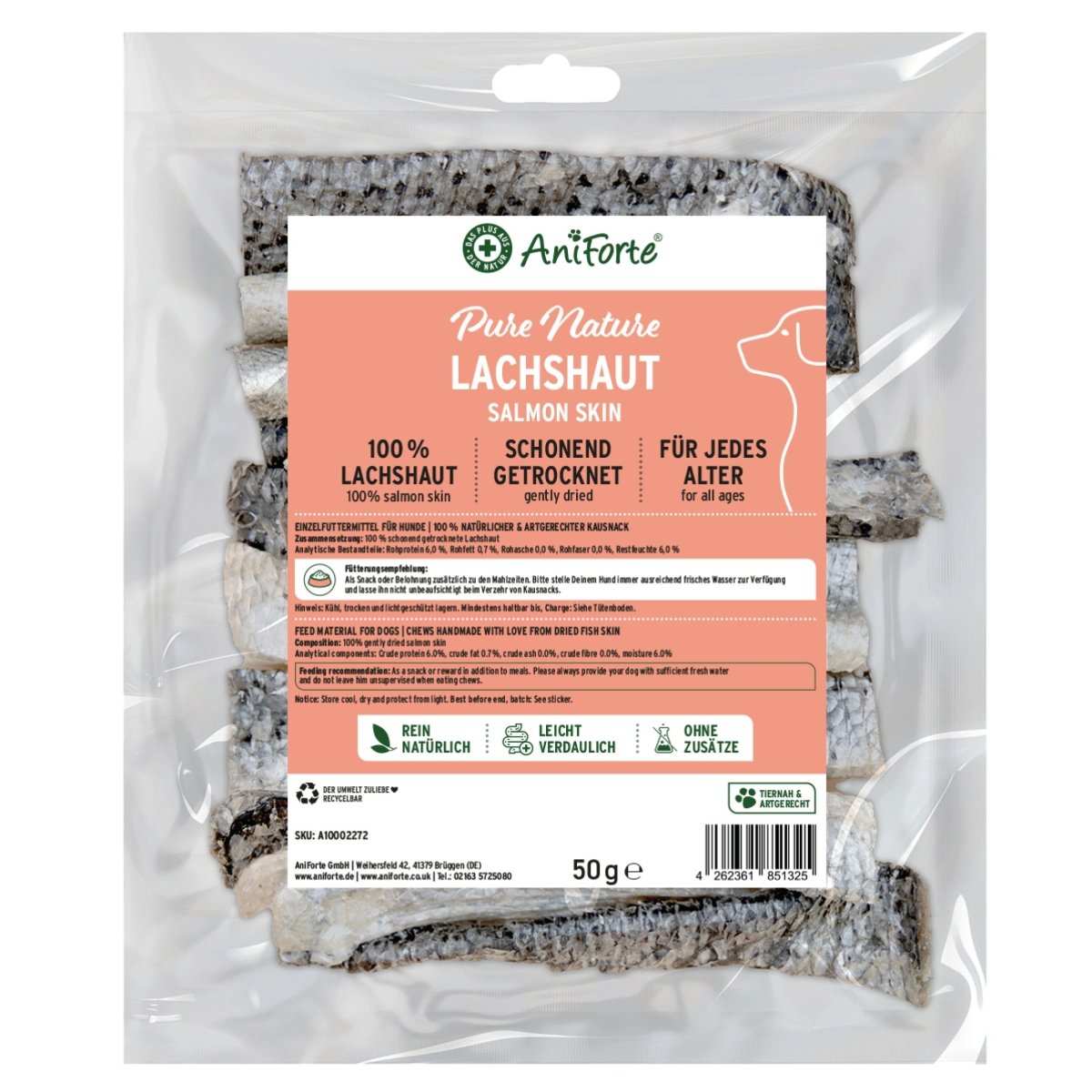 AniForte® Lachshaut dog treat, natural salmon skin, rich in Omega-3, supports chewing and dental health, for all dog breeds and ages.