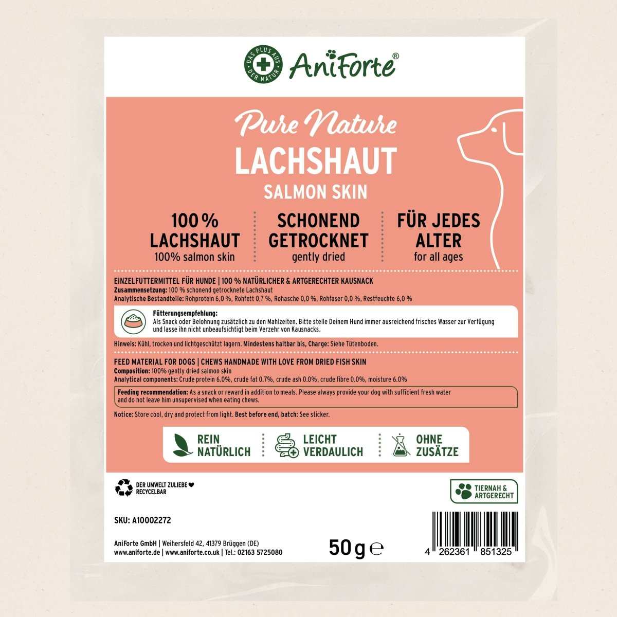 AniForte® Lachshaut für Hunde, 100% Lachs, schonend getrocknet, natürliche Kausnack, reich an Omega-3-Fettsäuren, für alle Rassen und jedes Alter.