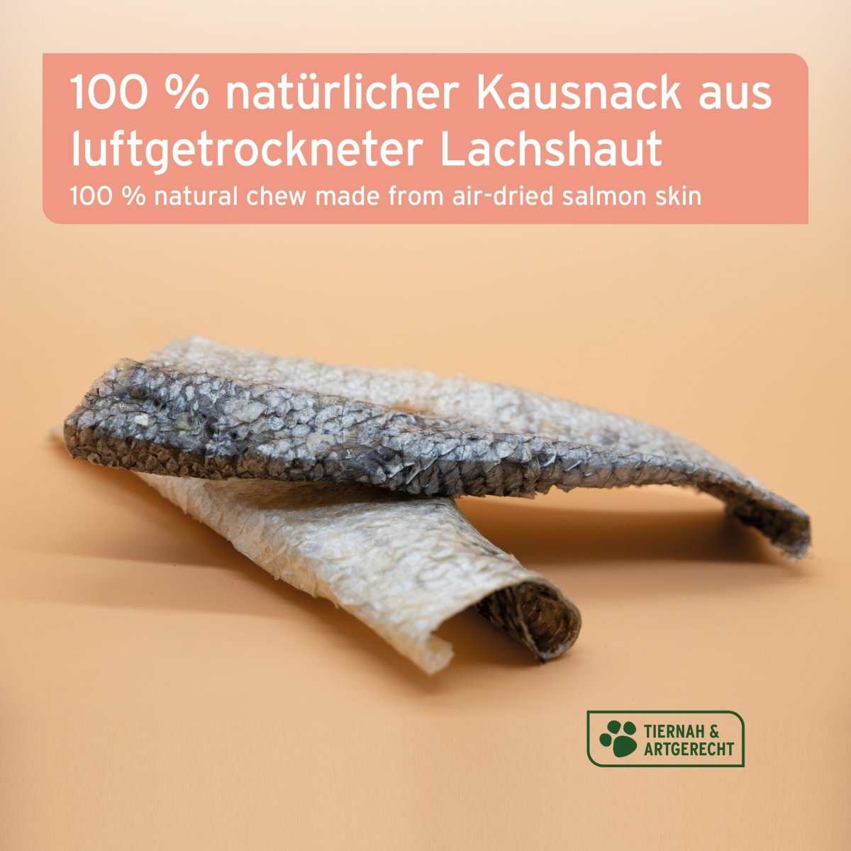 Luftgetrocknete Lachshaut für Hunde, natürlicher Kausnack, reich an Omega-3, ideal für Zahnpflege.